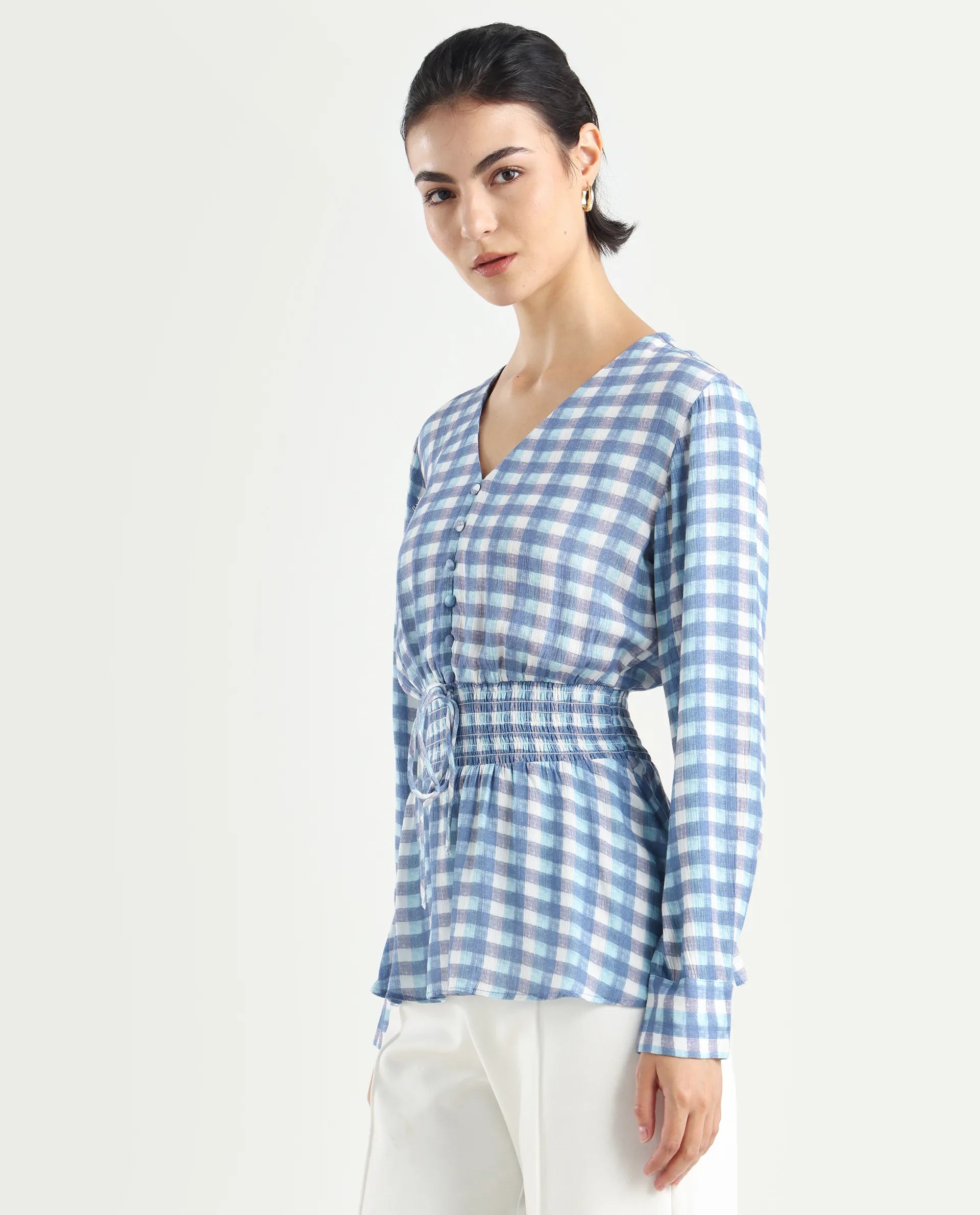Rareism Women's Vibooy Blue Rayon V-Neck Flannel Print Cuffed Sleeve Regular Fit Top