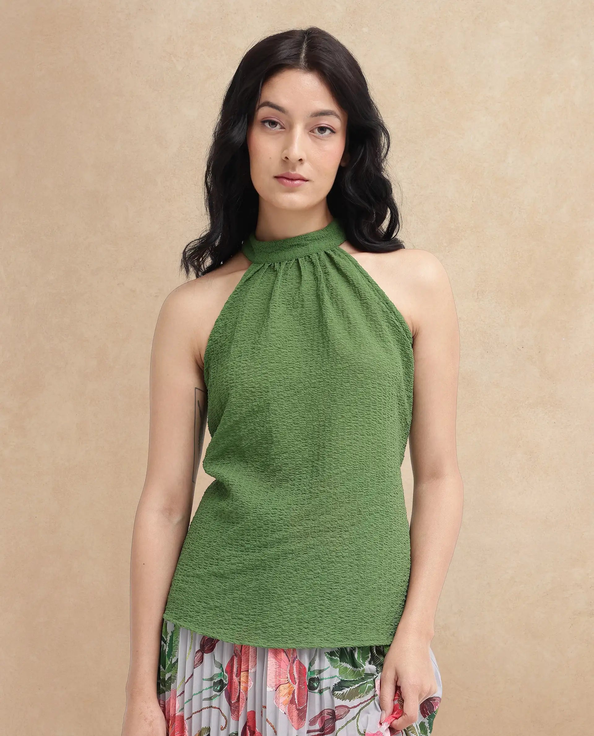 Rareism Women's Vicenza Dark Green Polyester Halter Neck Plain Sleeveless Regular Fit Top