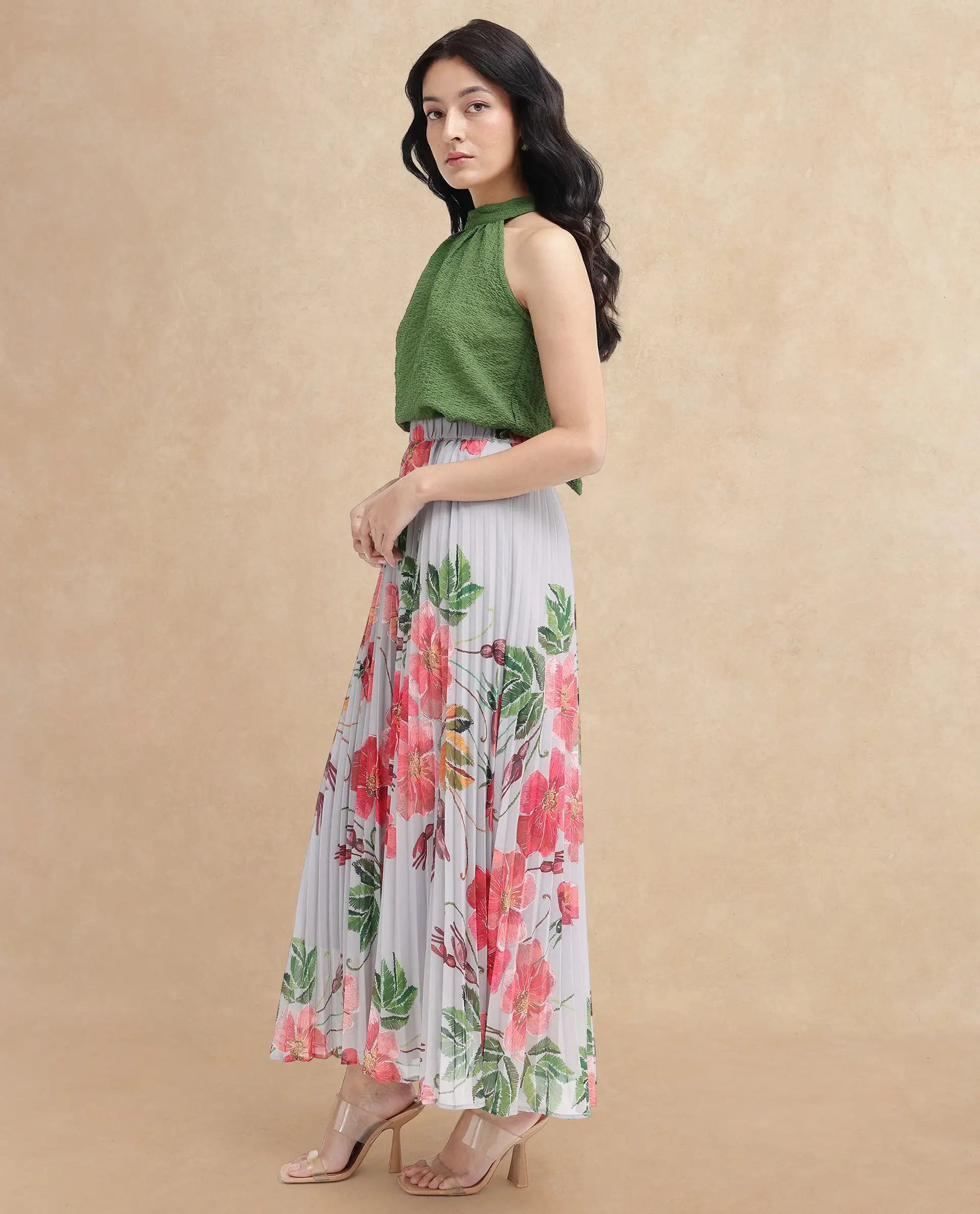 Rareism Women's Vicenza Dark Green Polyester Halter Neck Plain Sleeveless Regular Fit Top