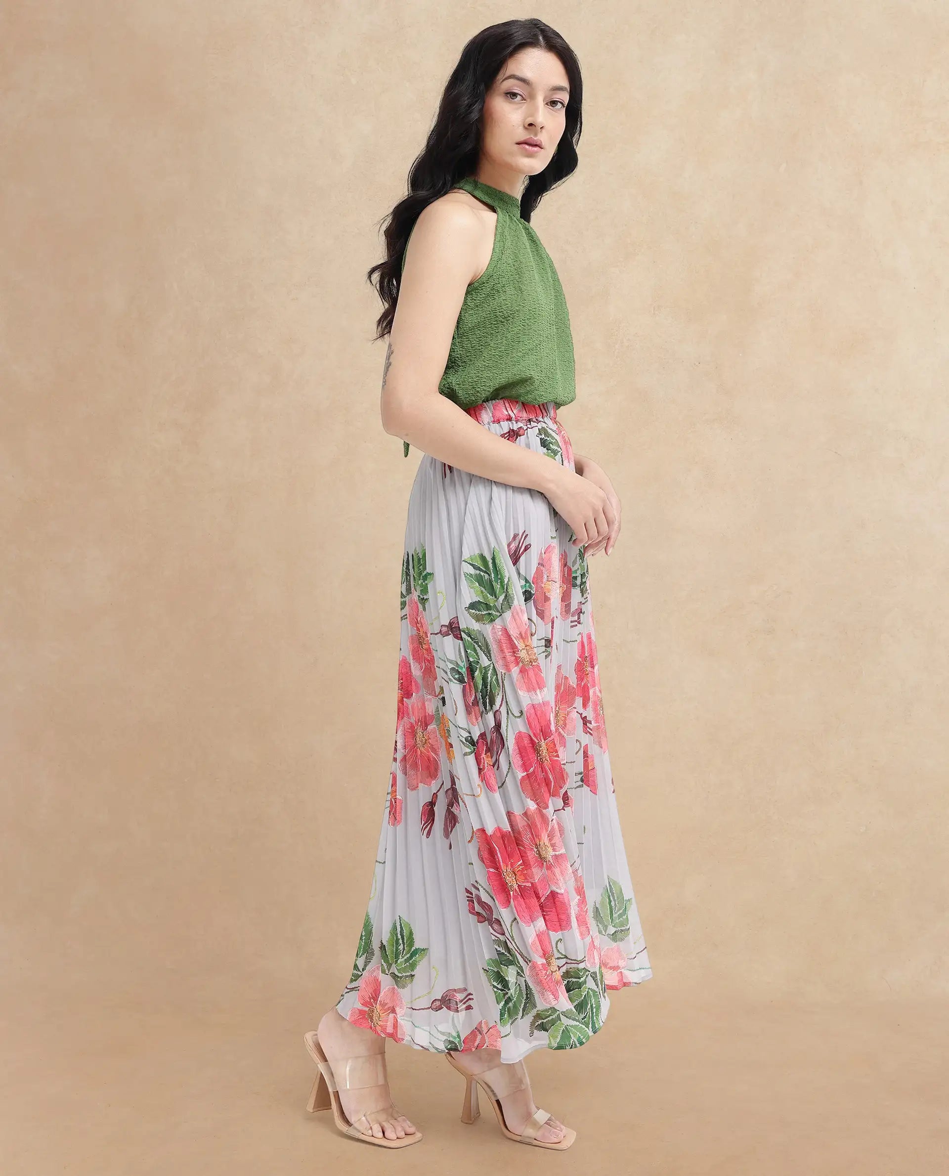 Rareism Women's Vicenza Dark Green Polyester Halter Neck Plain Sleeveless Regular Fit Top