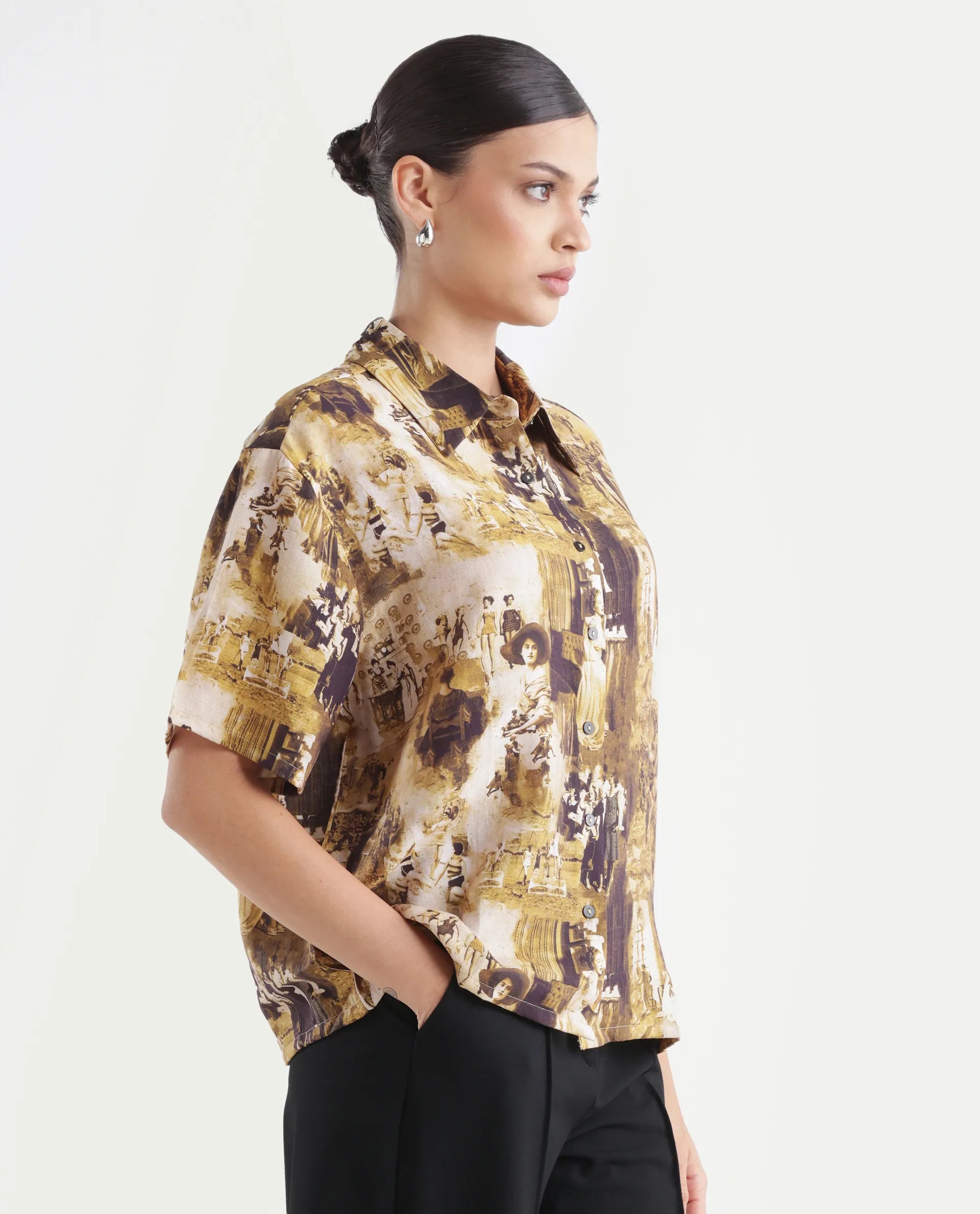 Rareism Women's Victoria Multi Viscose Spread Collar Object Print Boxy Fit Top