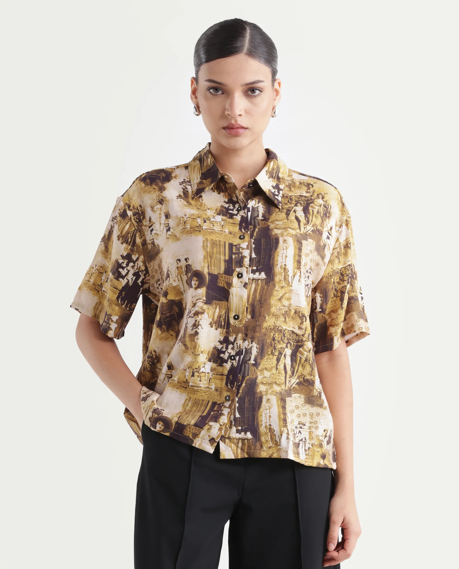 Rareism Women's Victoria Multi Viscose Spread Collar Object Print Boxy Fit Top