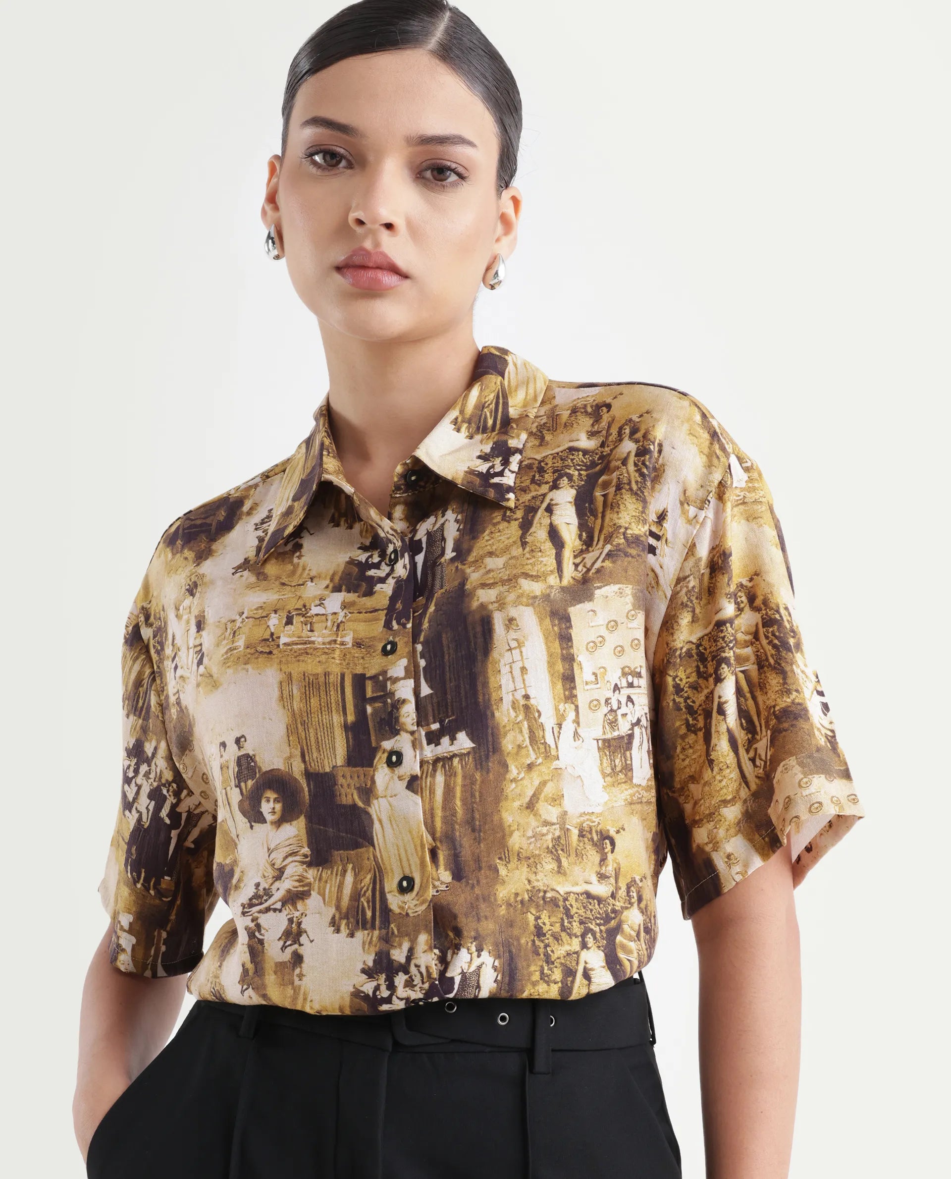 Rareism Women's Victoria Multi Viscose Spread Collar Object Print Boxy Fit Top