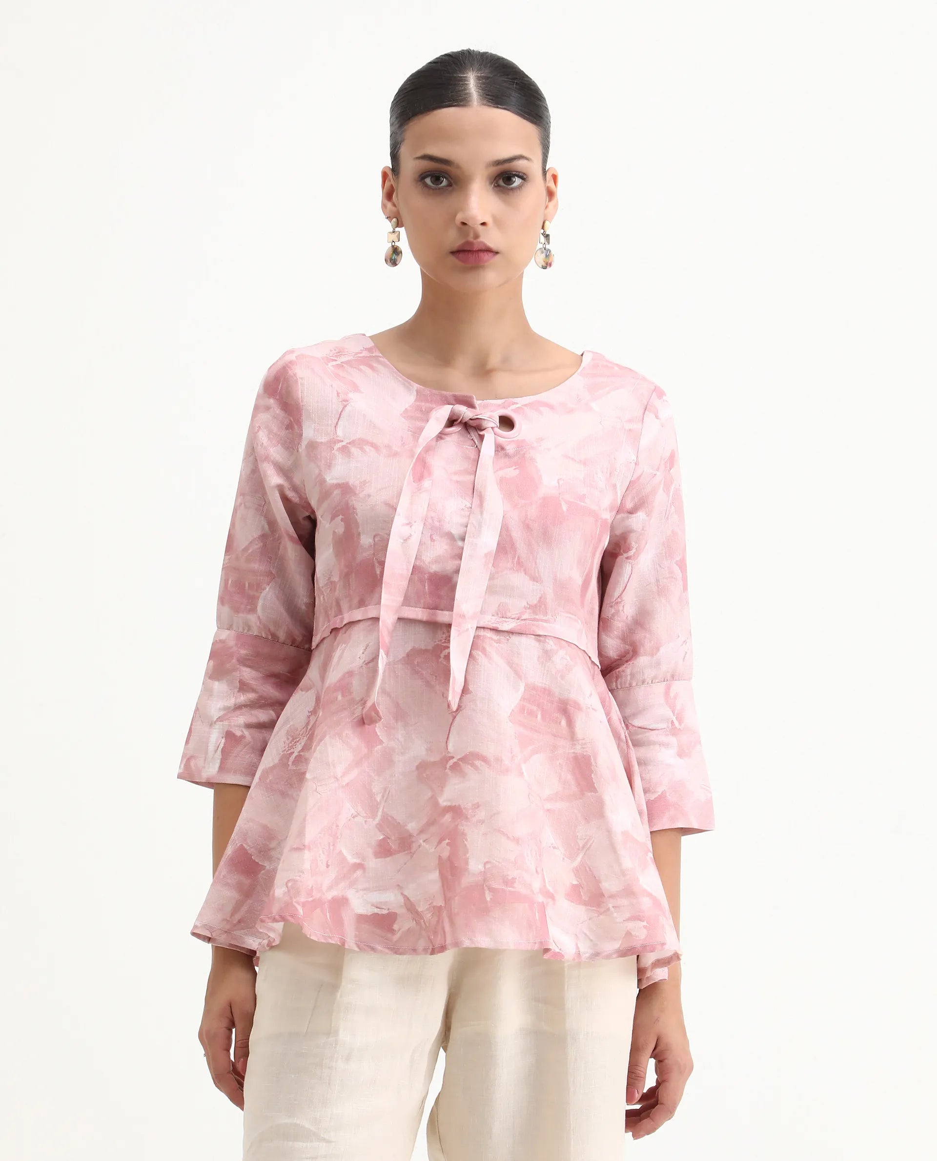 Rareism Women's Victor Pink Sweetheart Neck Printed Tailored Top