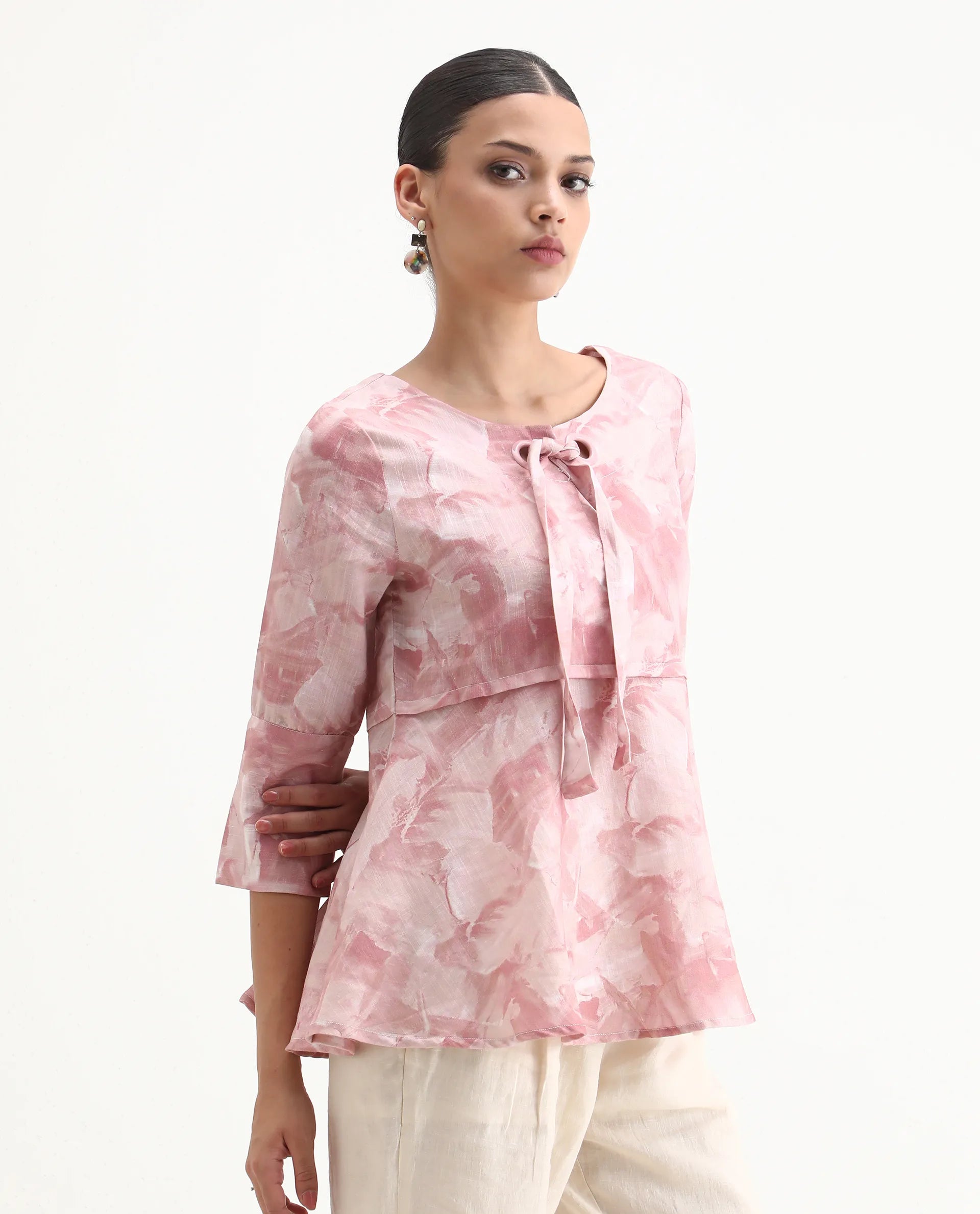 Rareism Women's Victor Pink Sweetheart Neck Printed Tailored Top