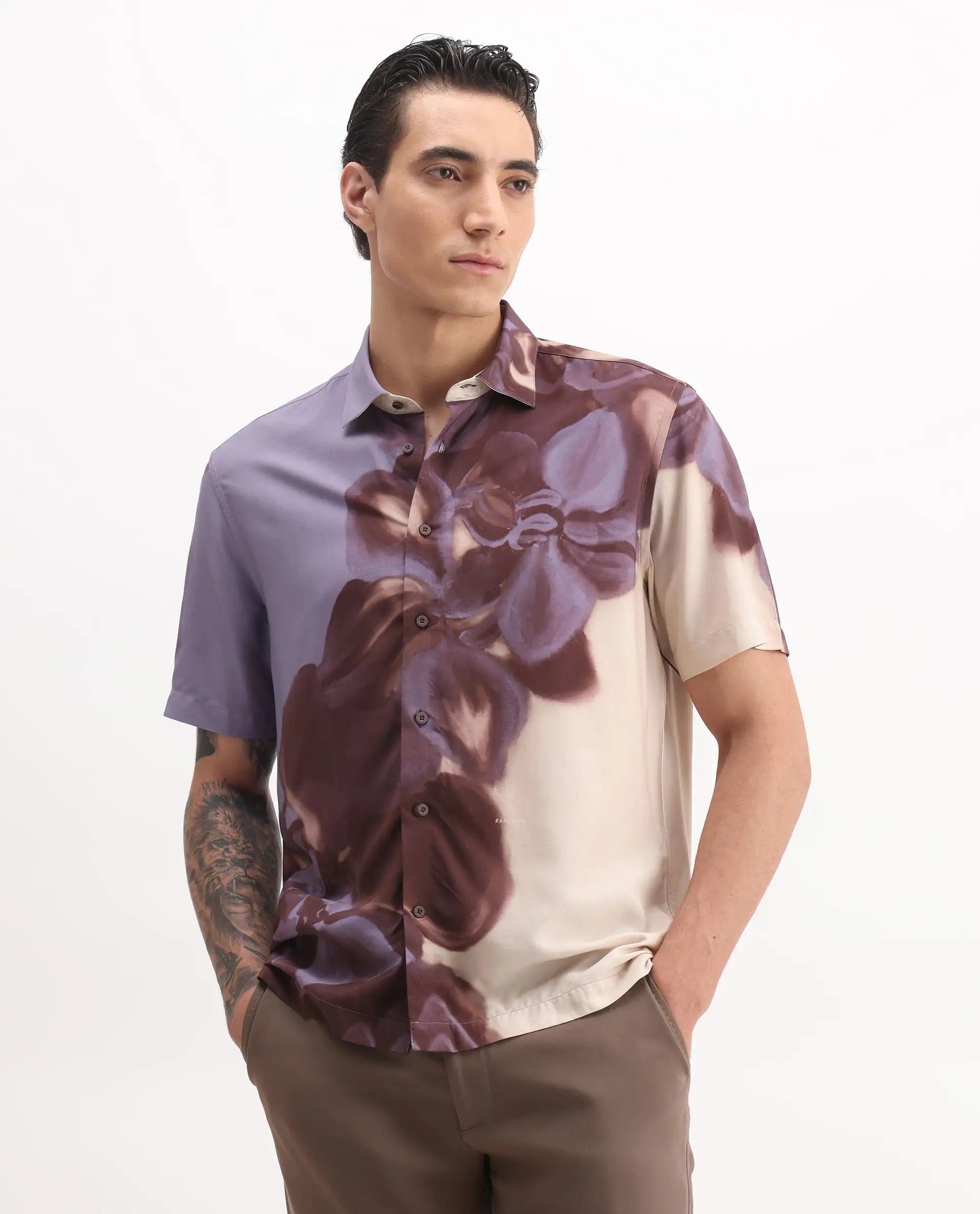 Rare Rabbit Men's Vider 2 Dusky Blue Viscose Floral Print Relaxed Fit Half Sleeve Collared Shirt