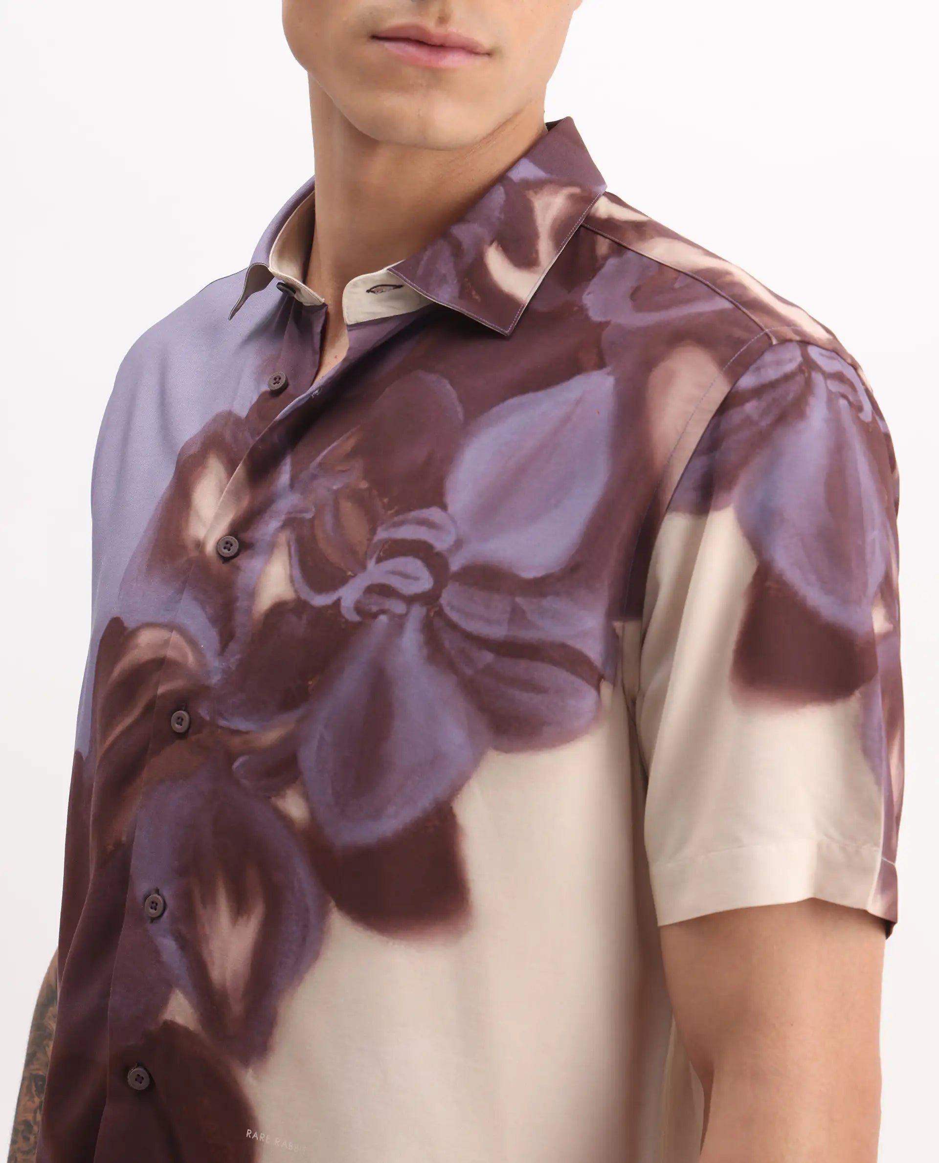 Rare Rabbit Men's Vider 2 Dusky Blue Viscose Floral Print Relaxed Fit Half Sleeve Collared Shirt