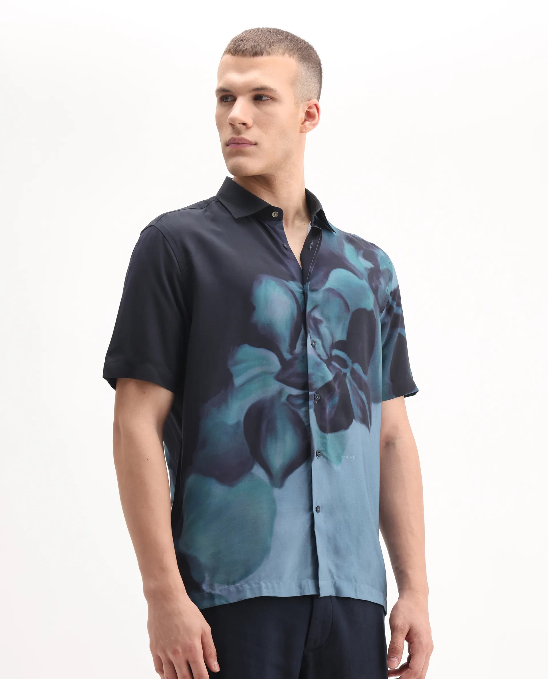 Rare Rabbit Men's Vider 1 Dusky Green Viscose Floral Print Relaxed Fit Half Sleeve Collared Shirt