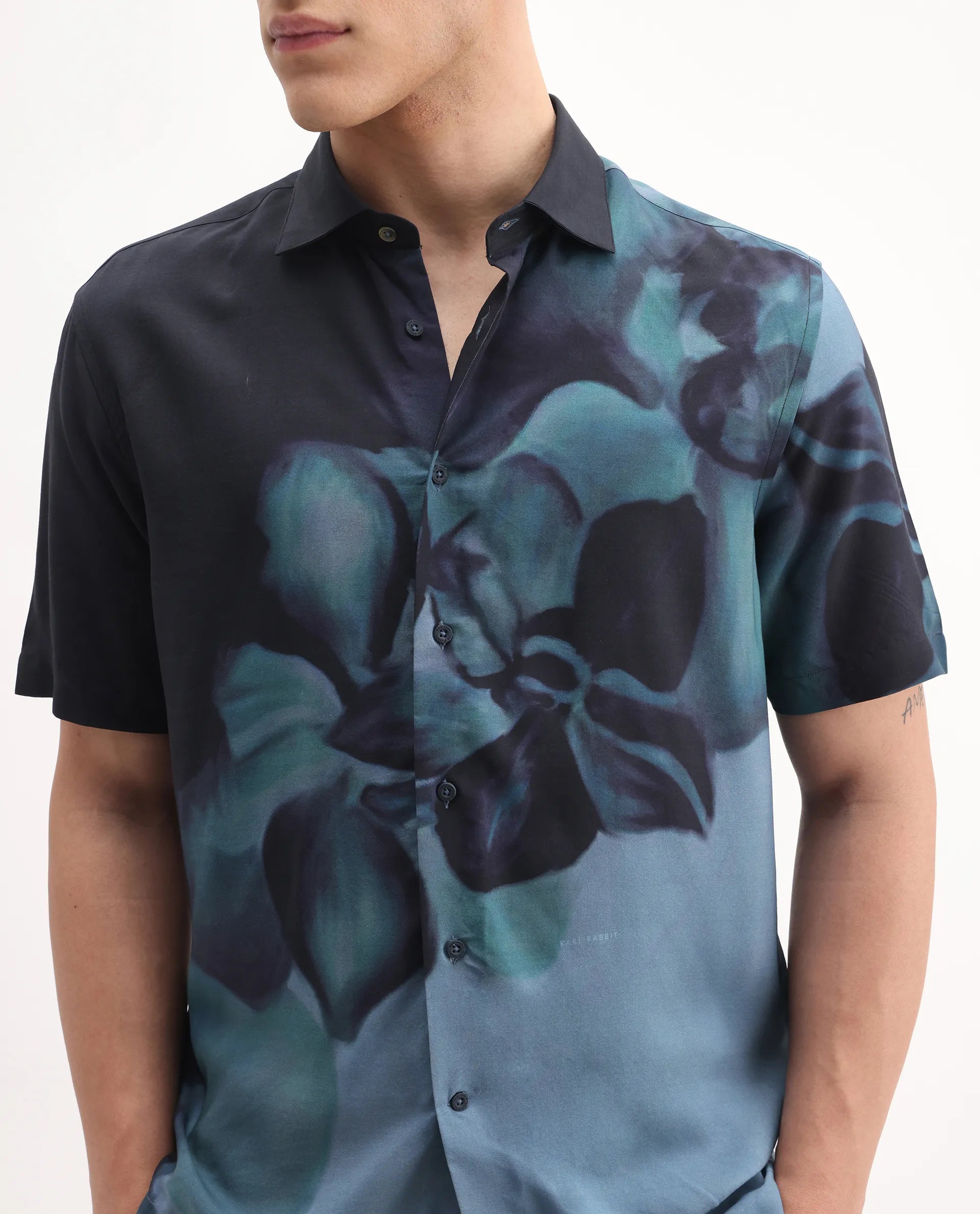 Rare Rabbit Men's Vider 1 Dusky Green Viscose Floral Print Relaxed Fit Half Sleeve Collared Shirt