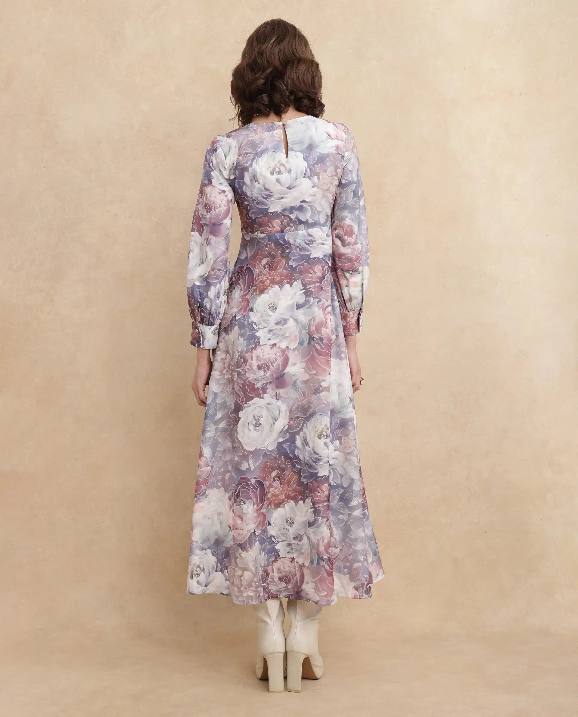 Rareism Women's Vienne Light Multi Satin Fabric Round Neck Slip-On Closure Puff Sleeve Floral Print Flared Maxi Dress