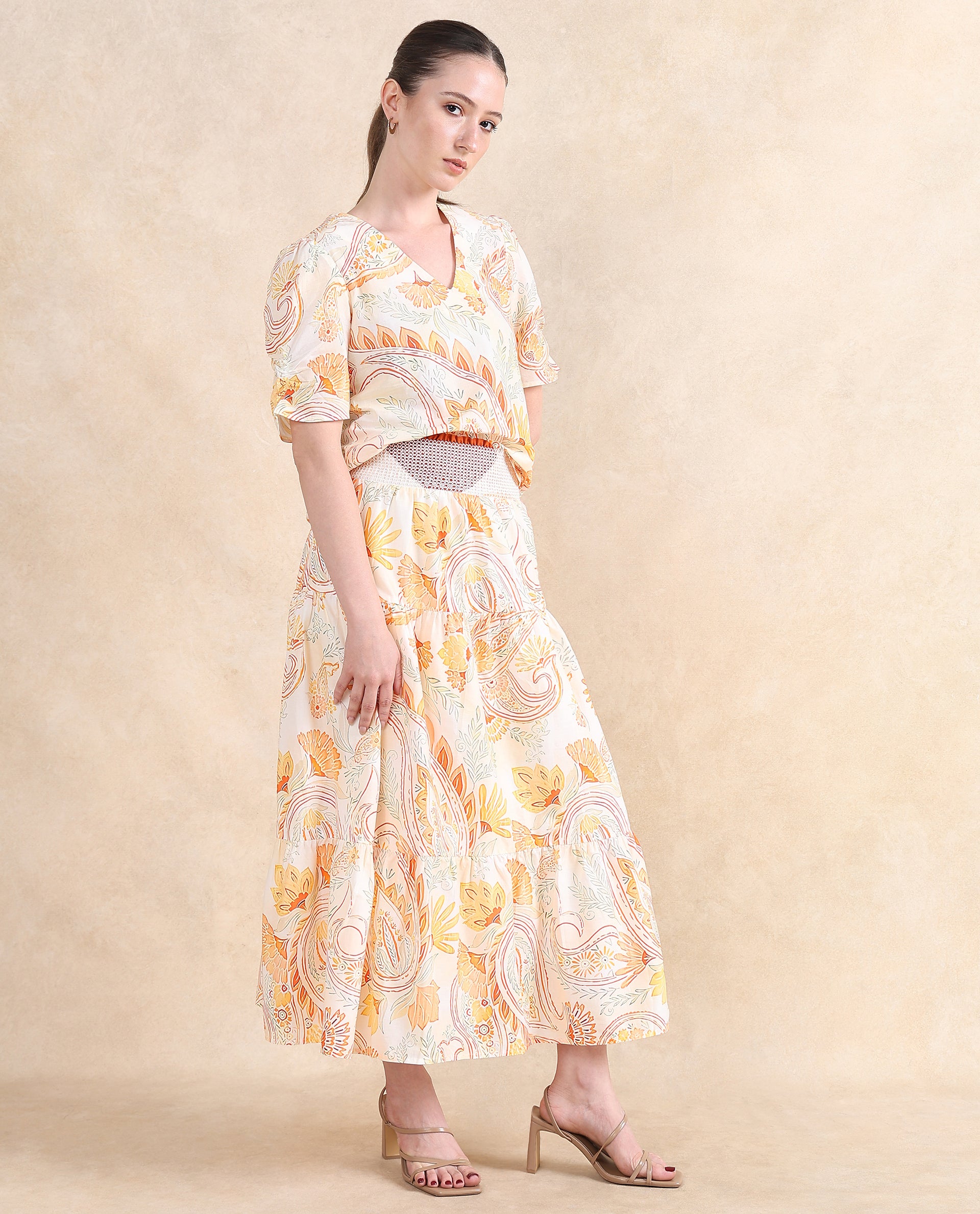 Rareism Women Bresica Light Multi Flared Paisley Print Midi Skirt