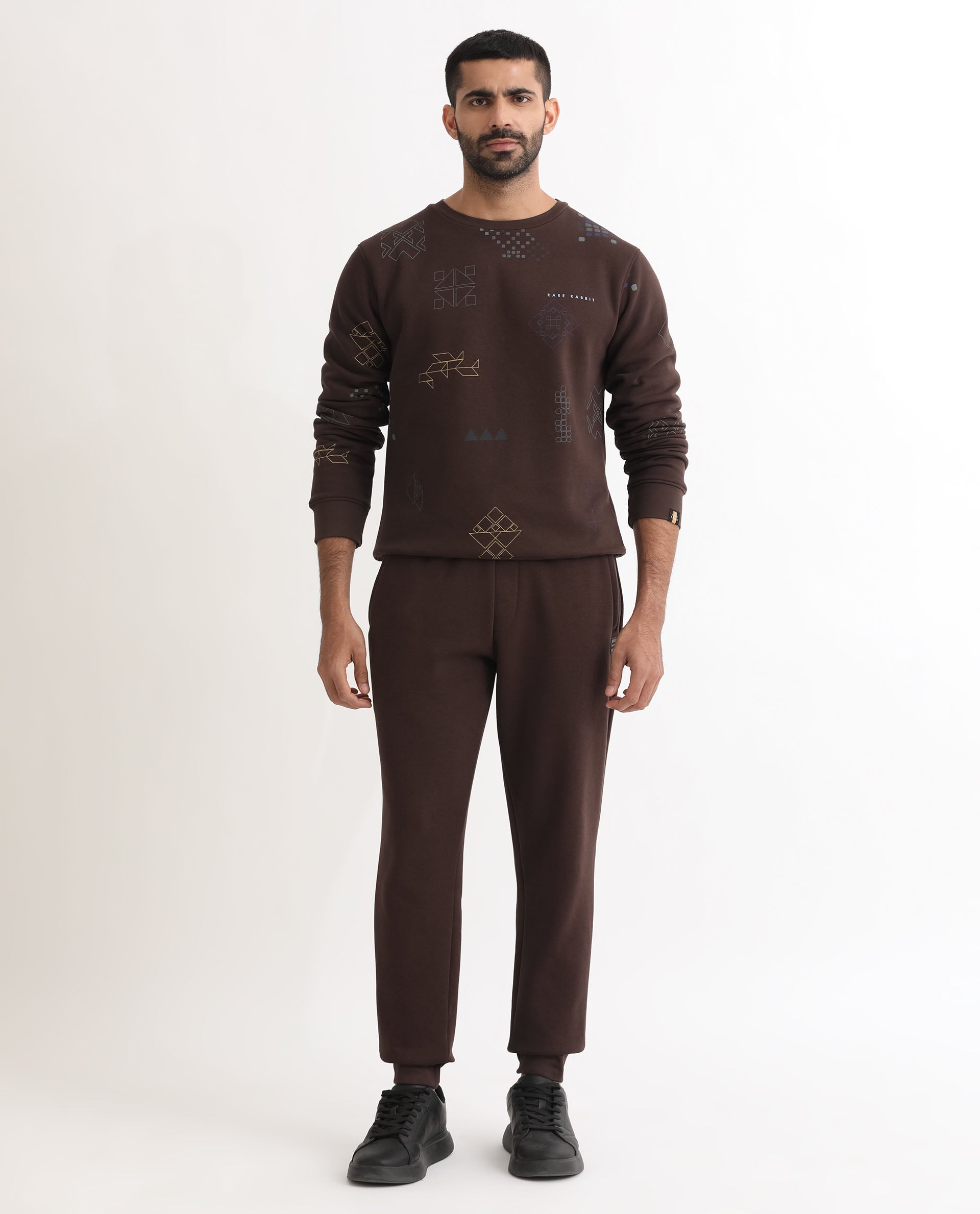 Rare Rabbit Mens Vik Brown Track Pant Cotton Polyester Fabric Mid Rise Knitted Draw String Closure Regular Fit