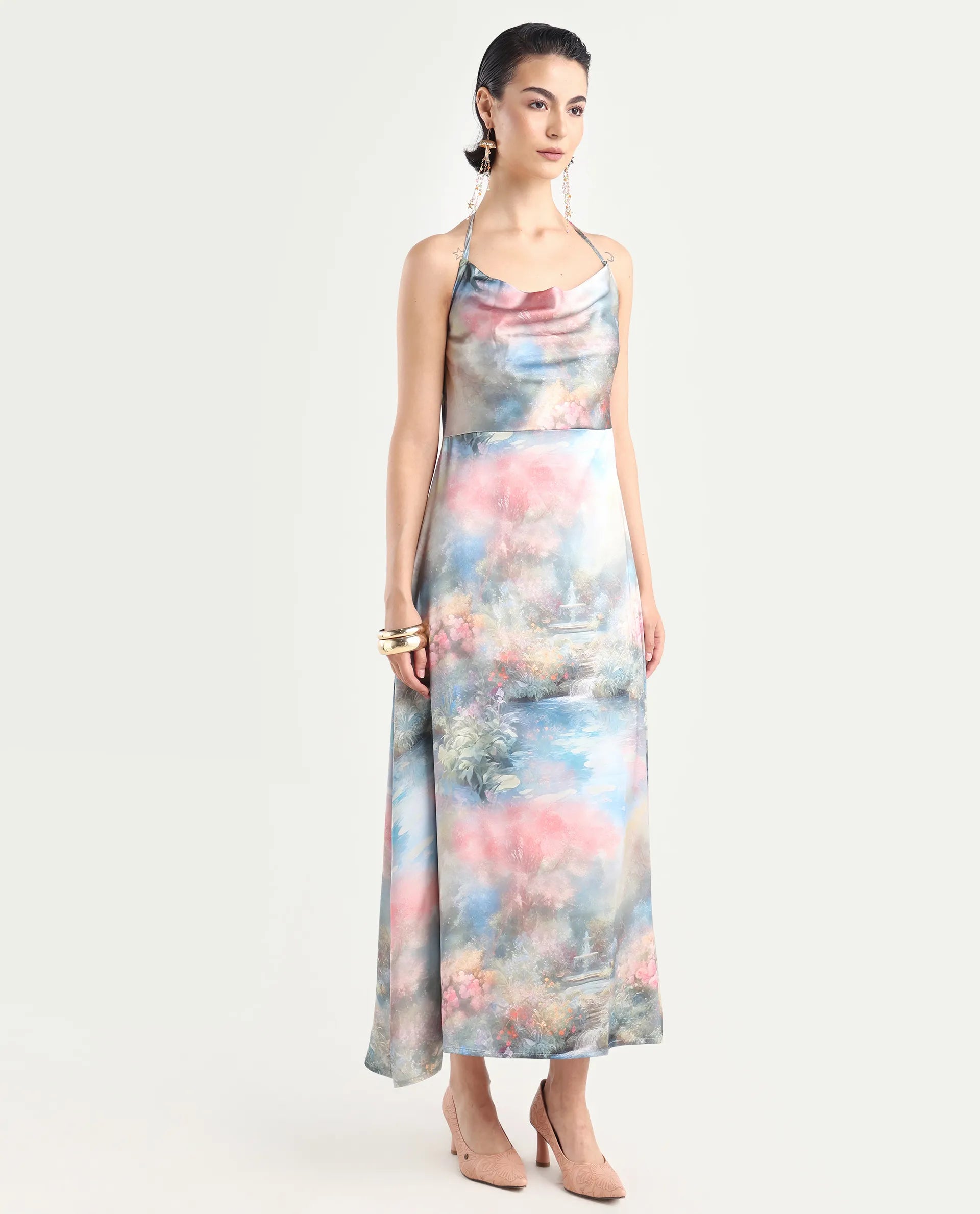 Rareism Women's Villeur Multi Satin Cowl Neck Floral Print Sleeveless Maxi Flared Dress