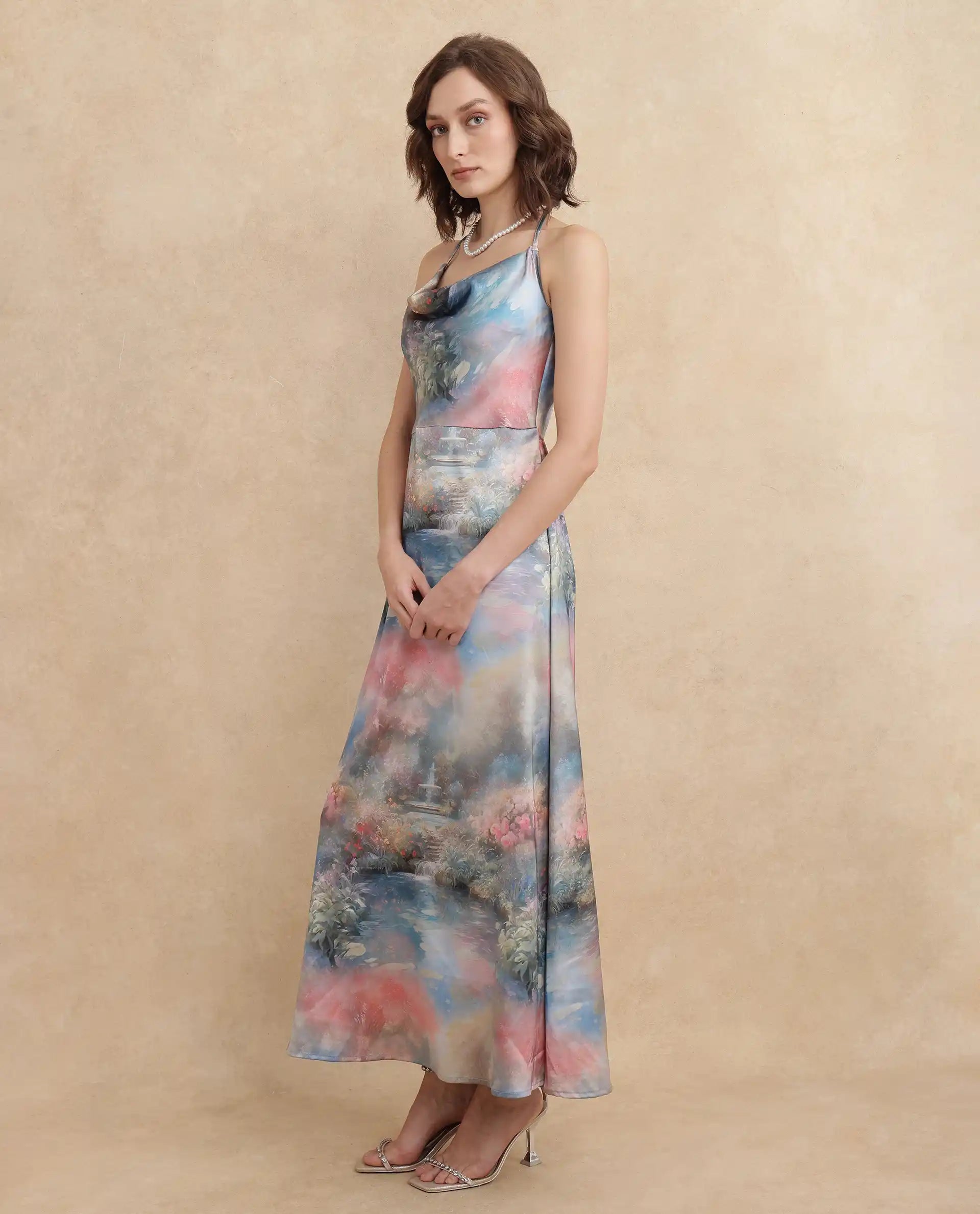 Rareism Women's Villeur Multi Satin Fabric Cowl Neck Tie-Up Closure Sleeveless Floral Print Flared Maxi Dress