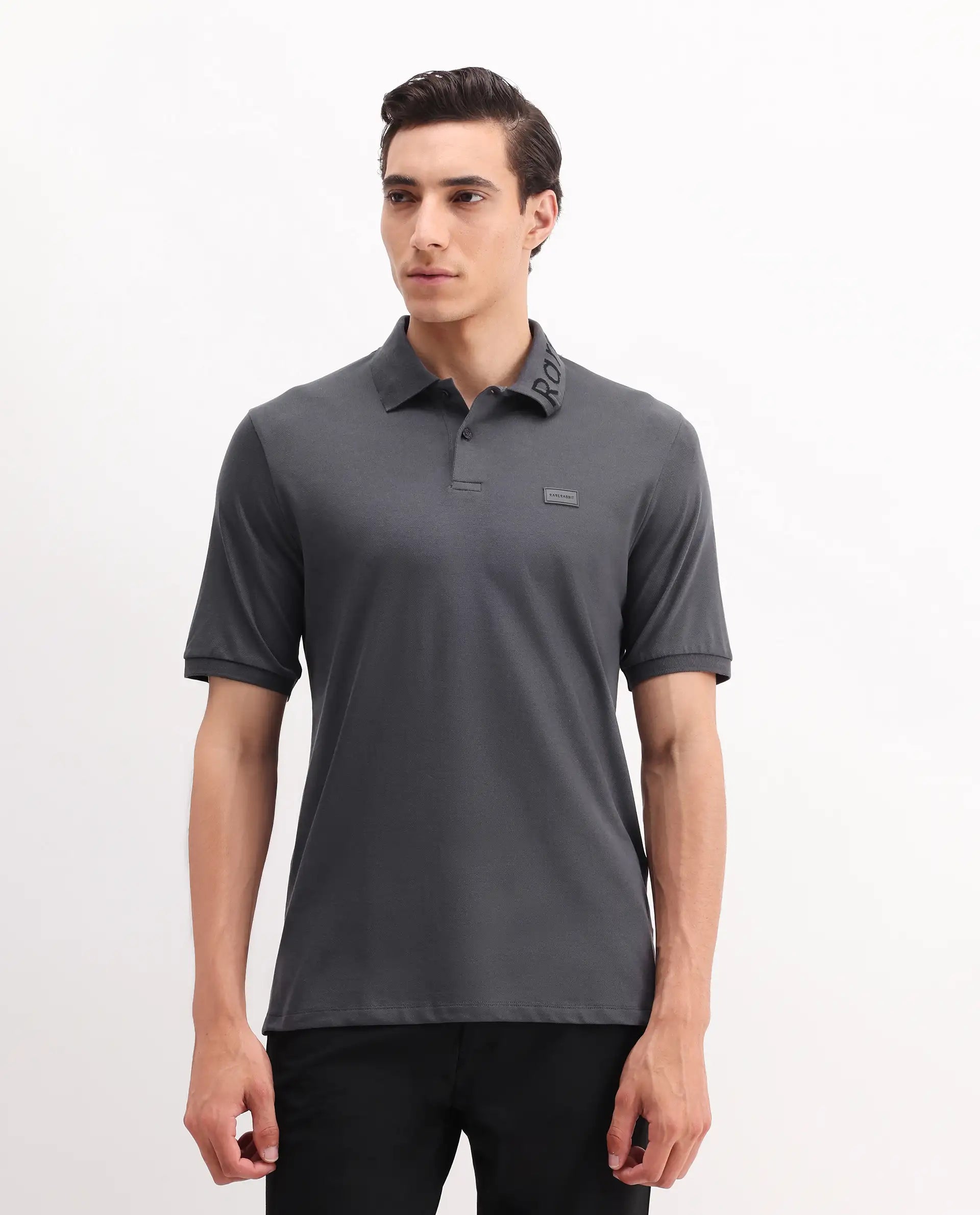 Rare Rabbit Men's Vinc Dark Grey Cotton Plain Regular Fit Half Sleeve Polo