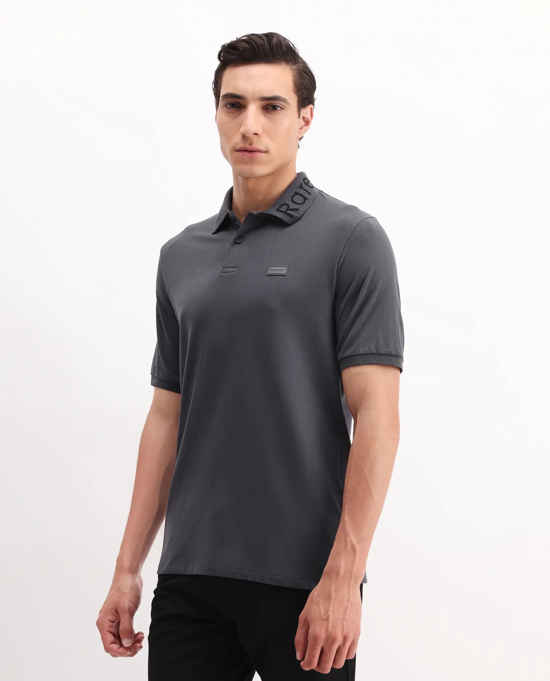 Rare Rabbit Men's Vinc Dark Grey Cotton Plain Regular Fit Half Sleeve Polo