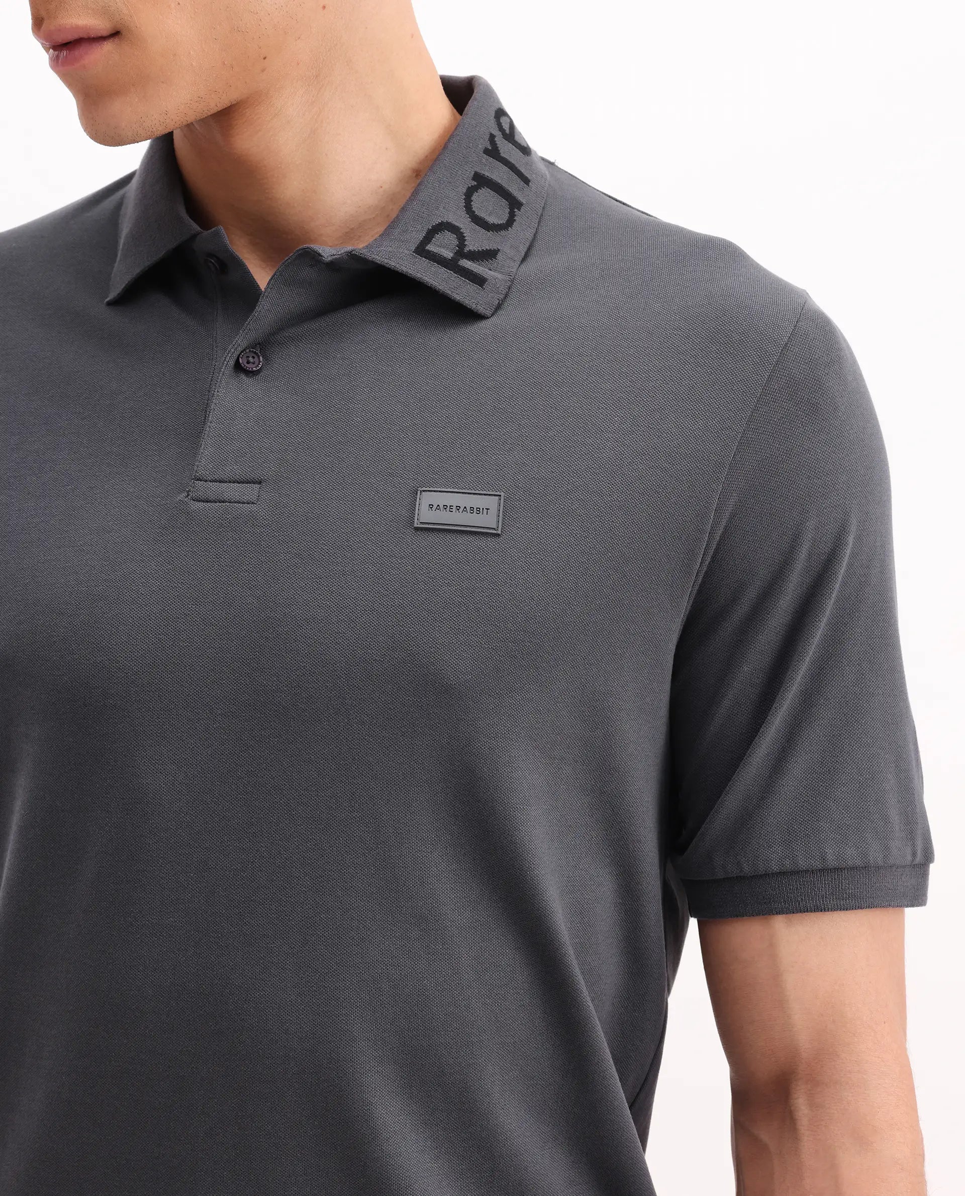Rare Rabbit Men's Vinc Dark Grey Cotton Plain Regular Fit Half Sleeve Polo