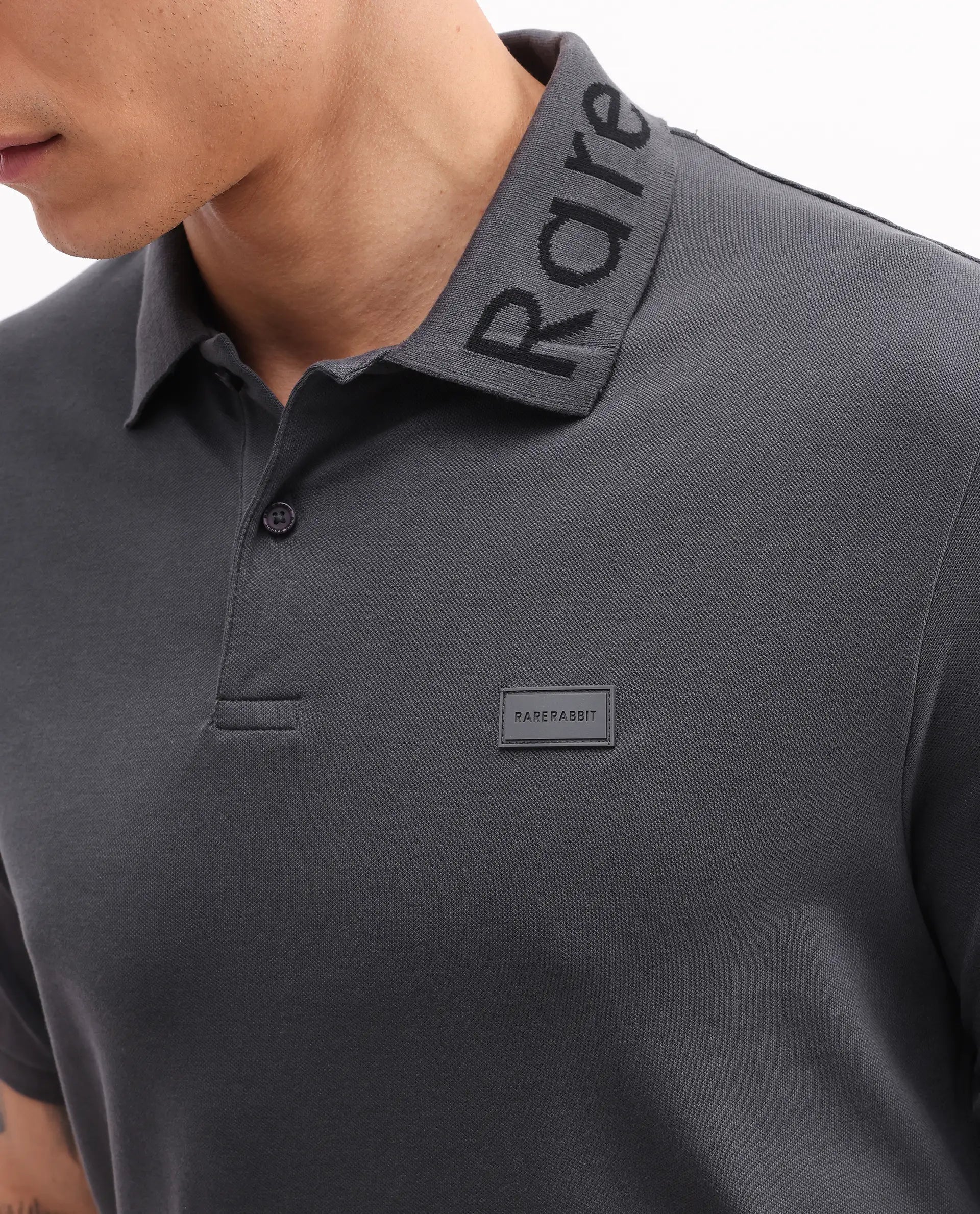 Rare Rabbit Men's Vinc Dark Grey Cotton Plain Regular Fit Half Sleeve Polo