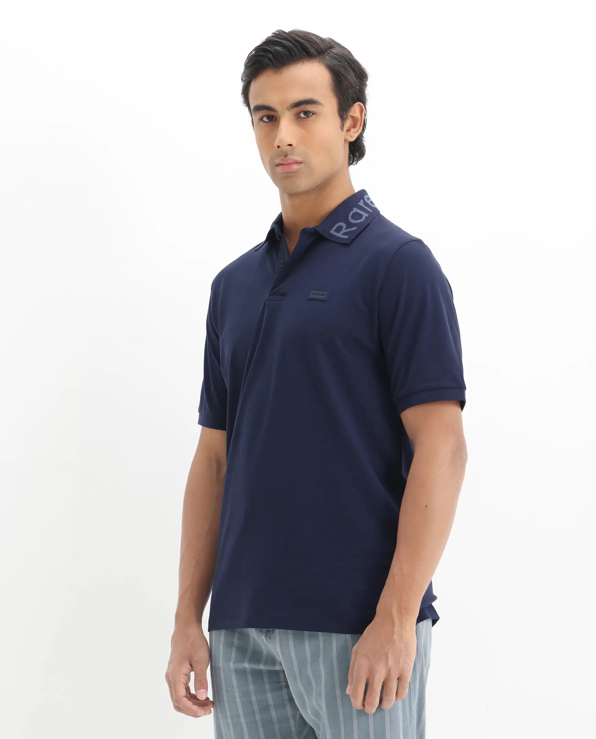 Rare Rabbit Men's Vinc Navy Cotton Plain Regular Fit Half Sleeve Polo