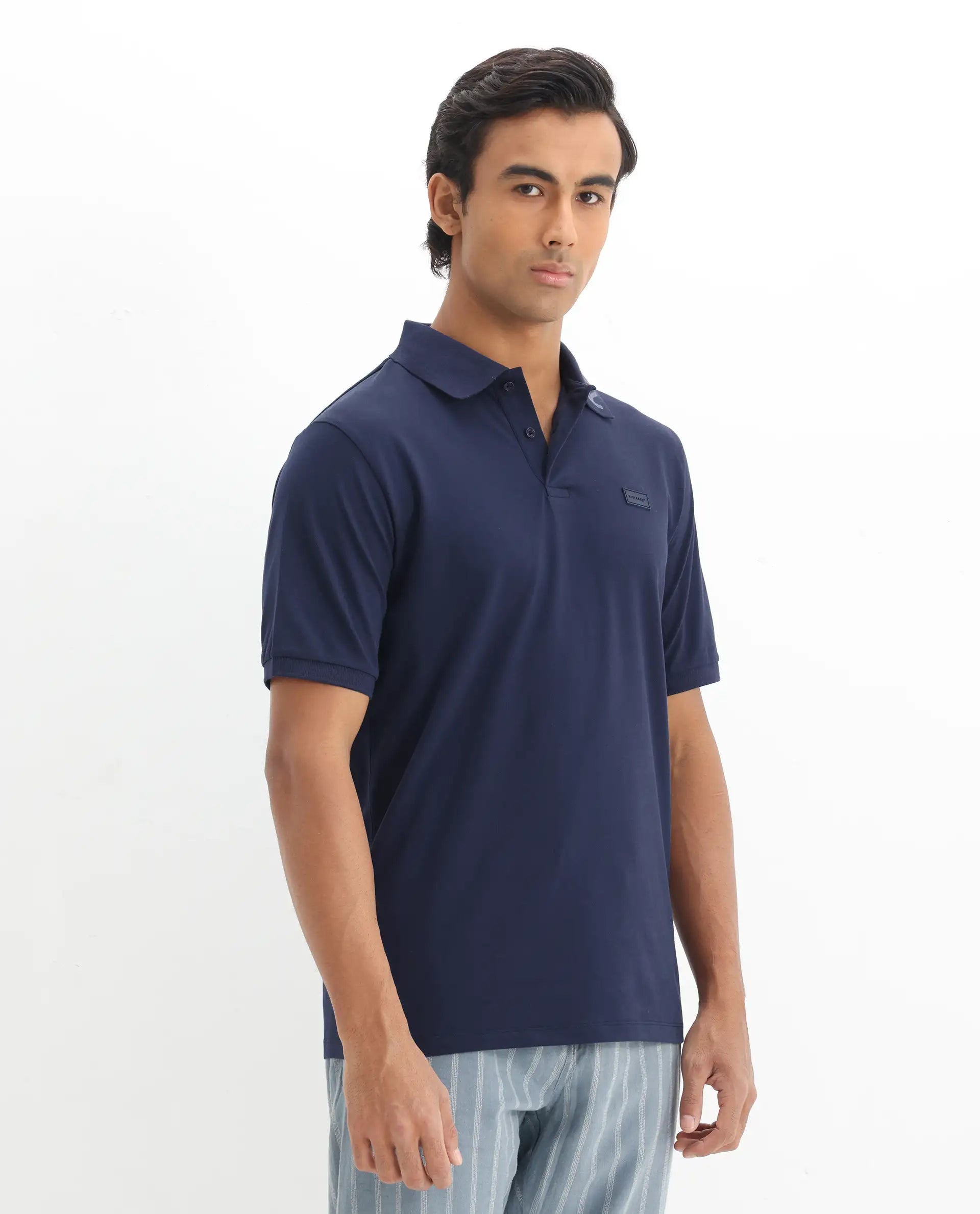 Rare Rabbit Men's Vinc Navy Cotton Plain Regular Fit Half Sleeve Polo