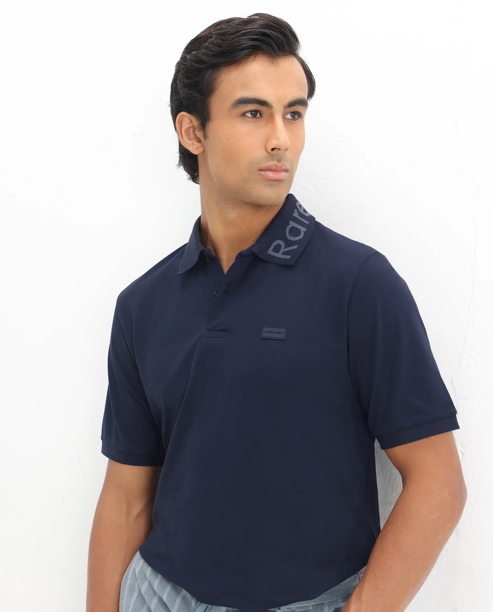 Rare Rabbit Men's Vinc Navy Cotton Plain Regular Fit Half Sleeve Polo