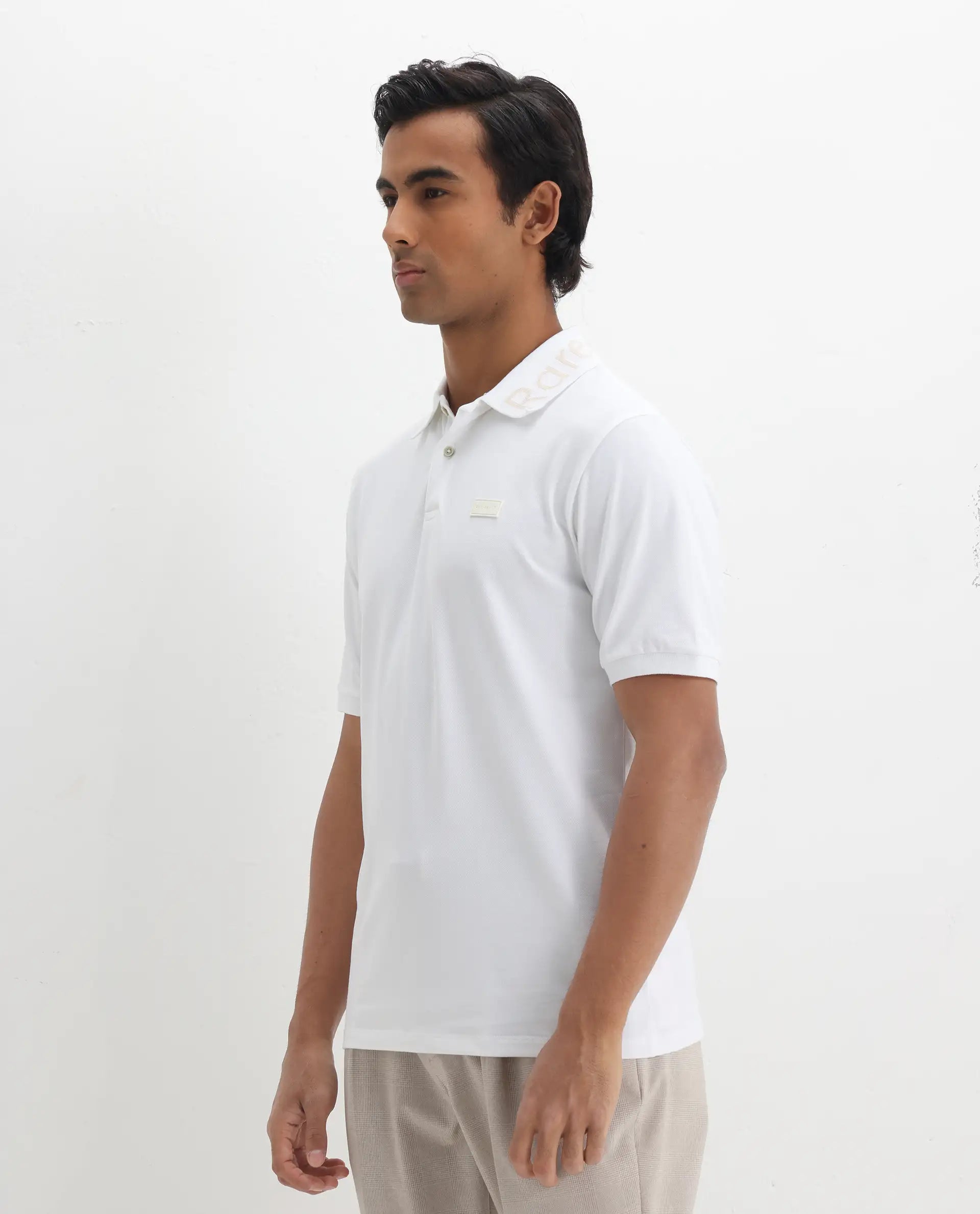 Rare Rabbit Men's Vinc White Cotton Plain Regular Fit Half Sleeve Polo