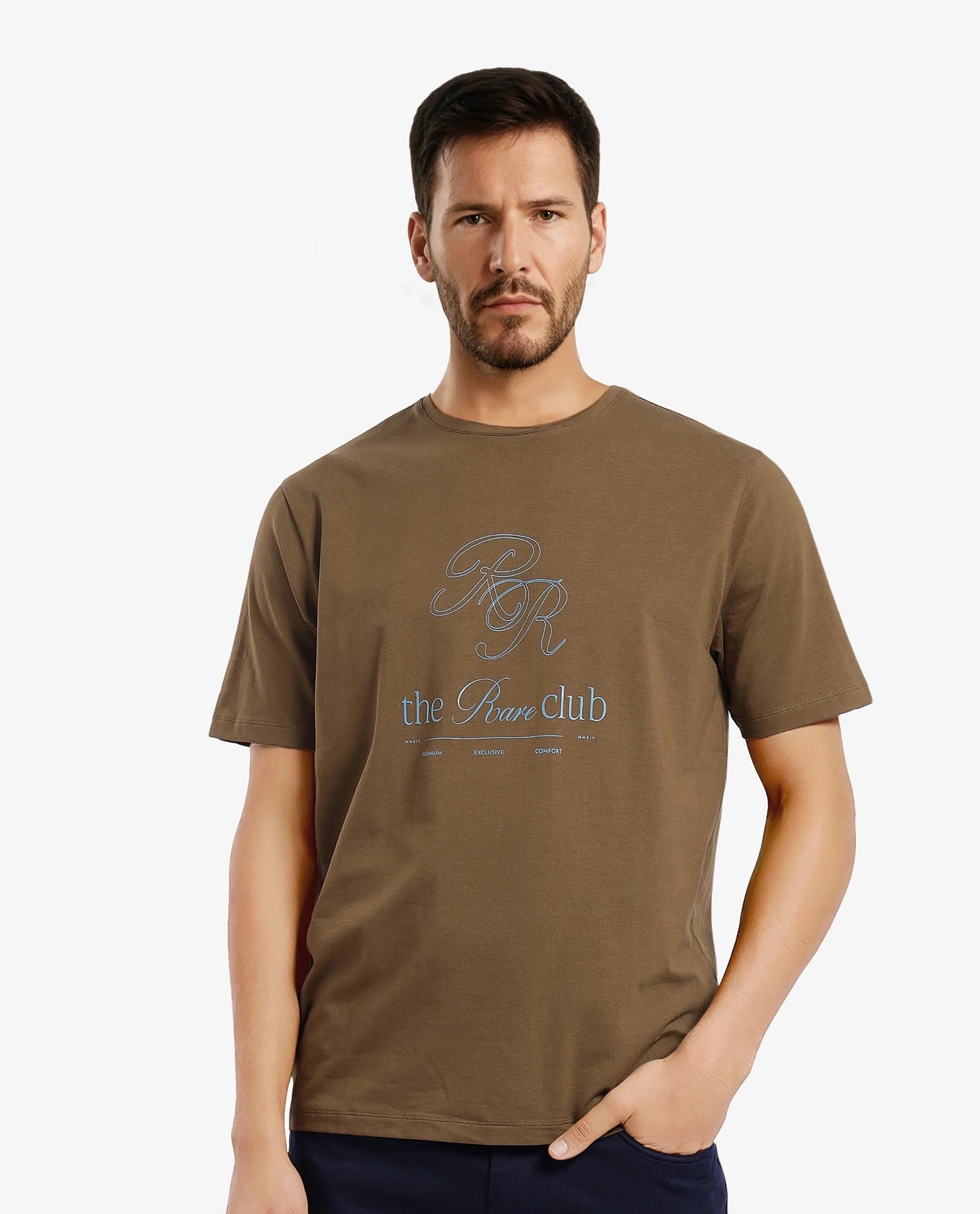 Rare Rabbit Men Vin Dark Green Cotton Lycra Fabric Short Sleeve Crew Neck Regular Fit HD Print T-Shirt