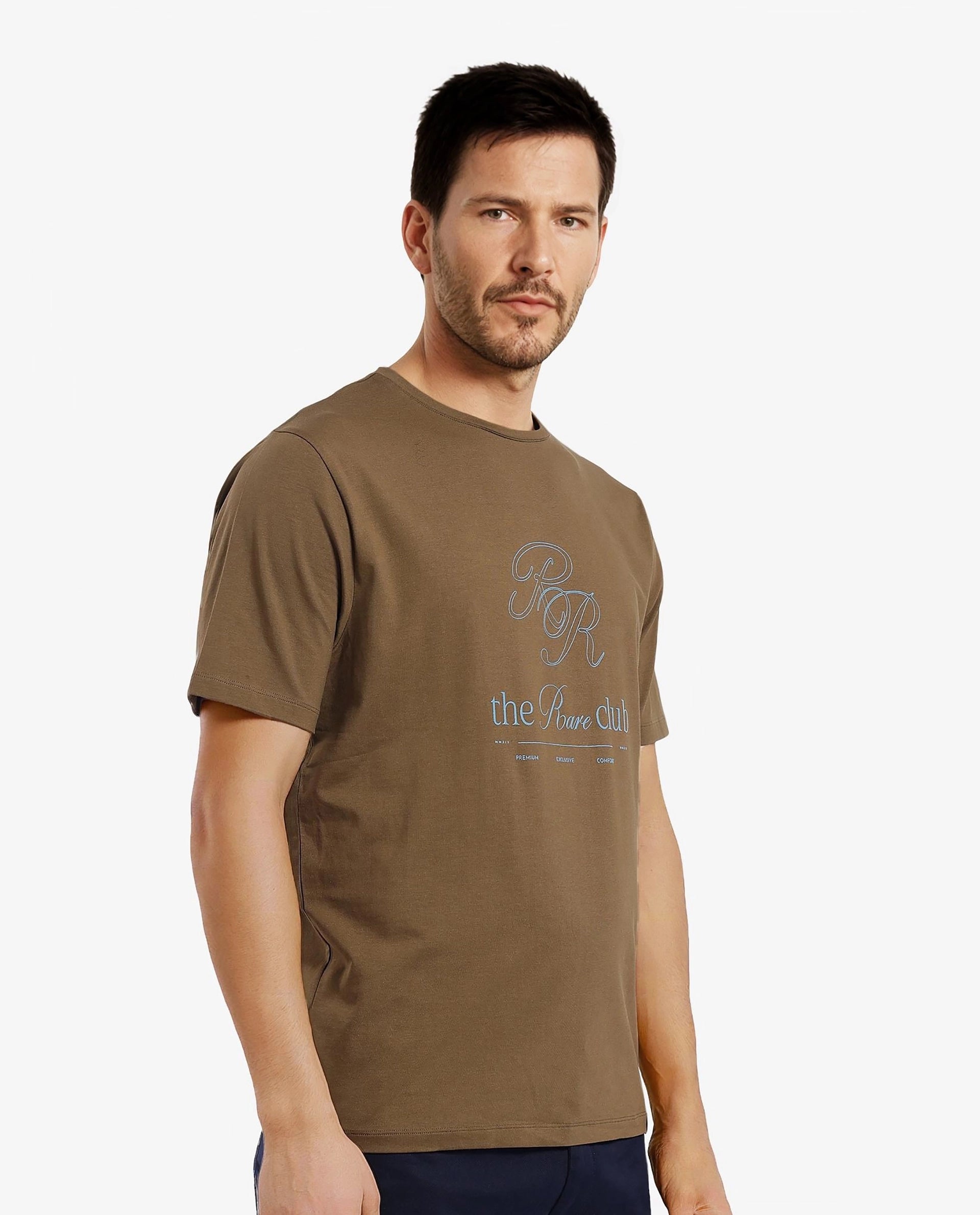 Rare Rabbit Men Vin Dark Green Cotton Lycra Fabric Short Sleeve Crew Neck Regular Fit HD Print T-Shirt