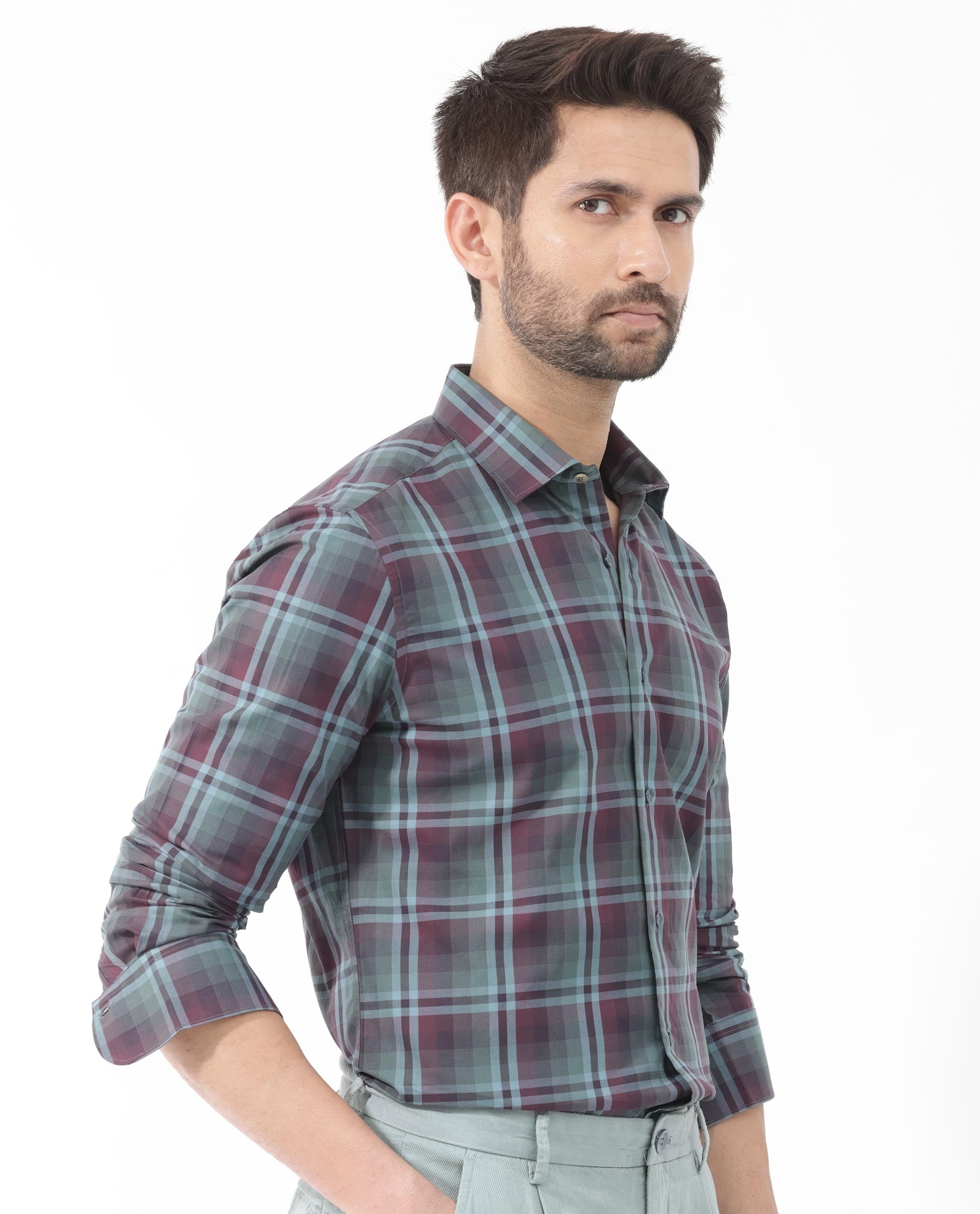 Rare Rabbit Men's Vinet Dark Maroon Regular Collar Full Sleeves Button Closure Check Shirt