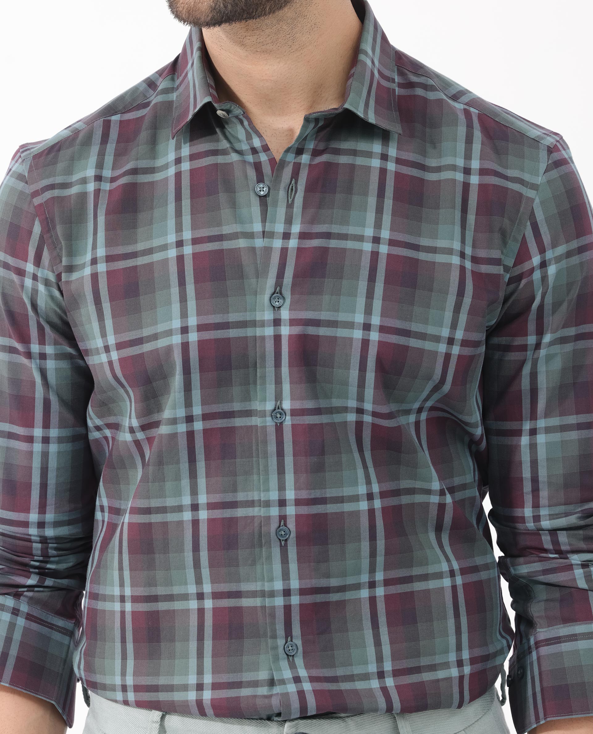 Rare Rabbit Men's Vinet Dark Maroon Regular Collar Full Sleeves Button Closure Check Shirt