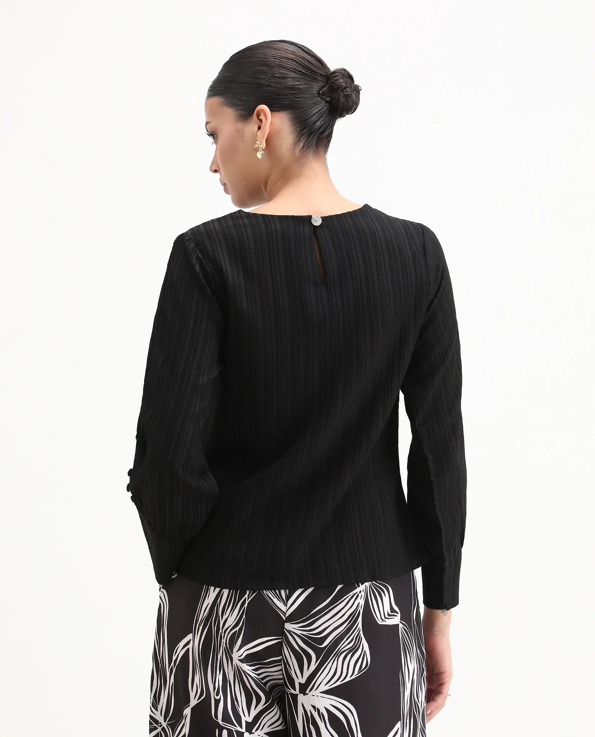 Rareism Women's Vinipo Black Polyester Blend Boat Neck Plain Cuffed Sleeve Regular Fit Top