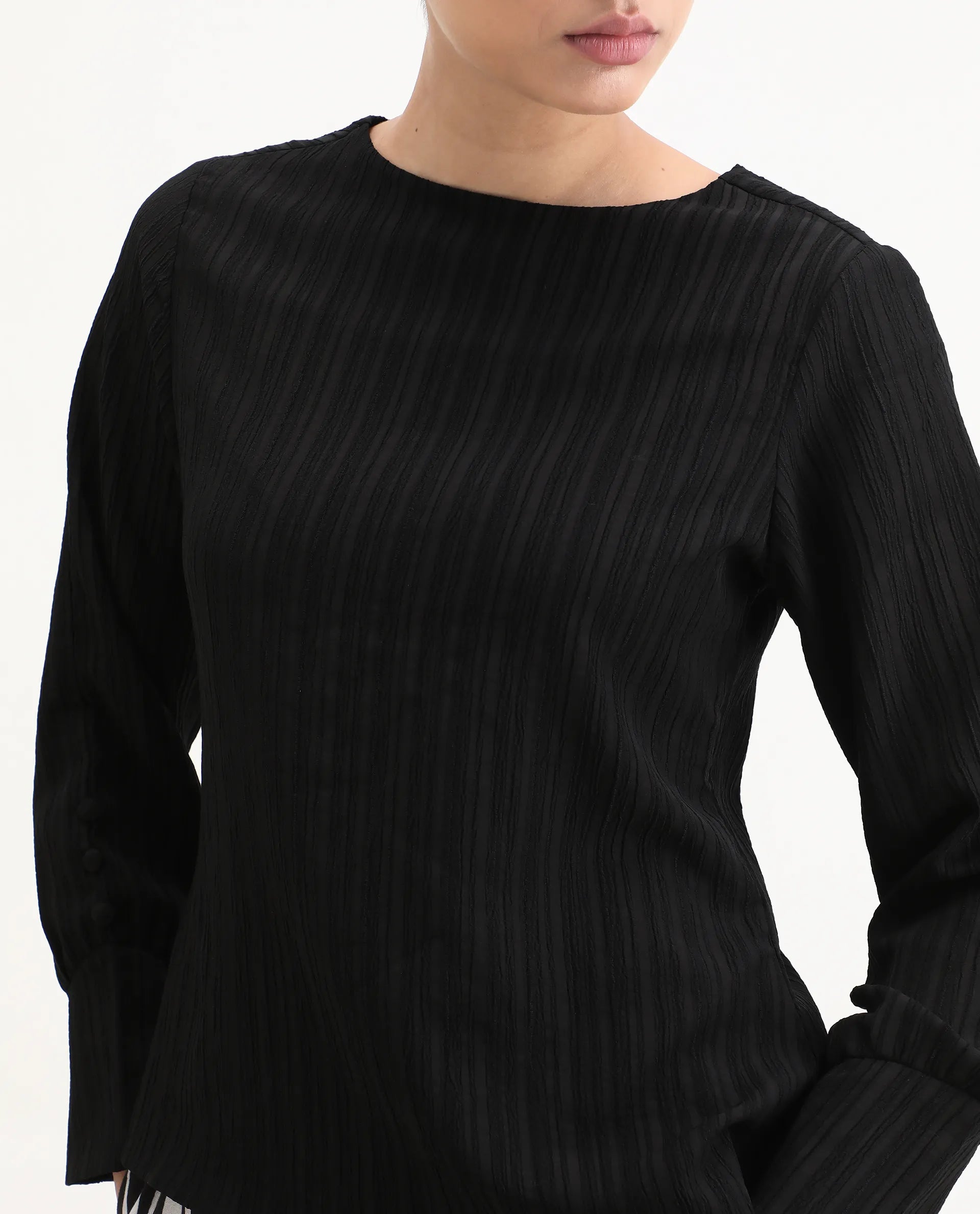 Rareism Women's Vinipo Black Polyester Blend Boat Neck Plain Cuffed Sleeve Regular Fit Top