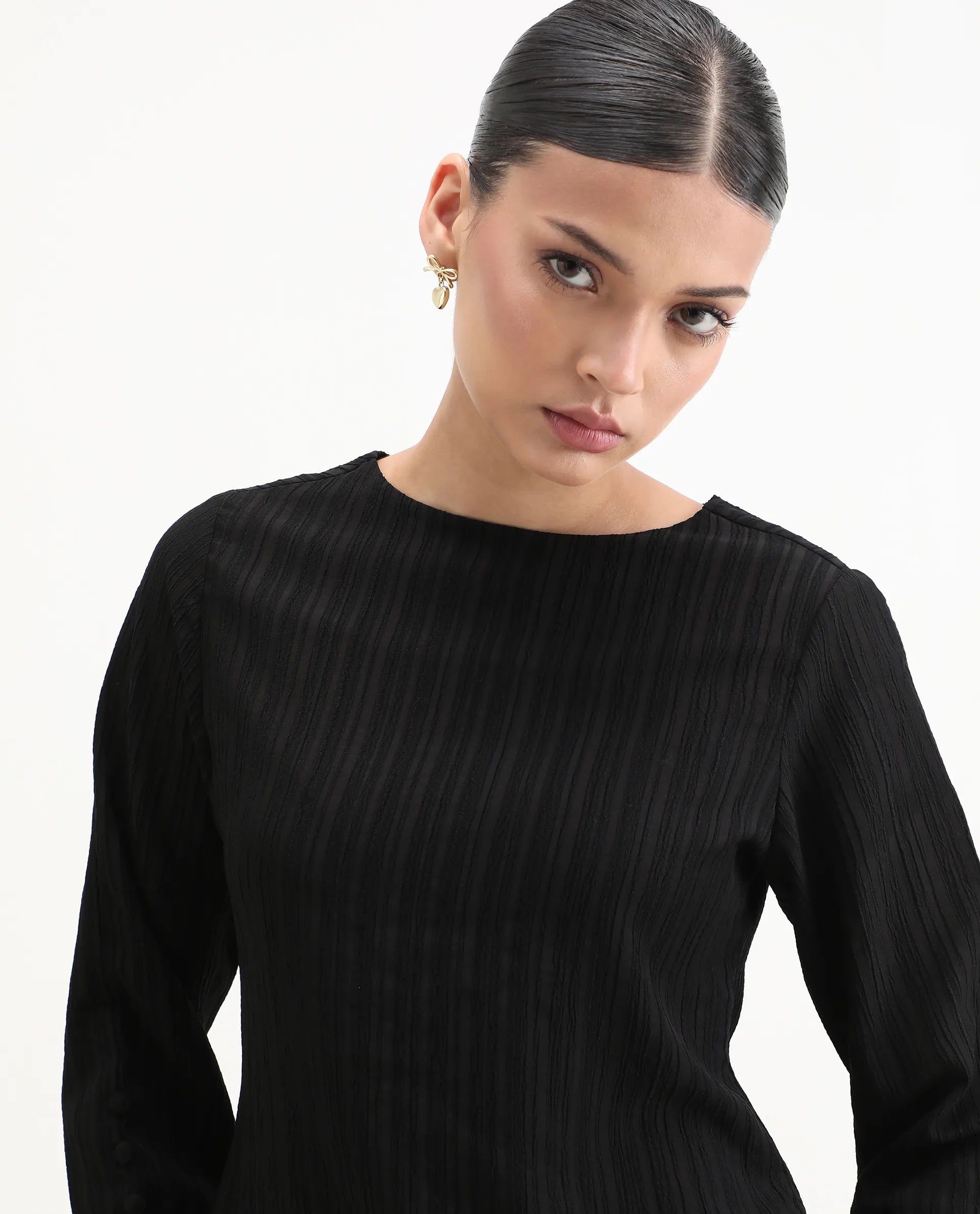 Rareism Women's Vinipo Black Polyester Blend Boat Neck Plain Cuffed Sleeve Regular Fit Top