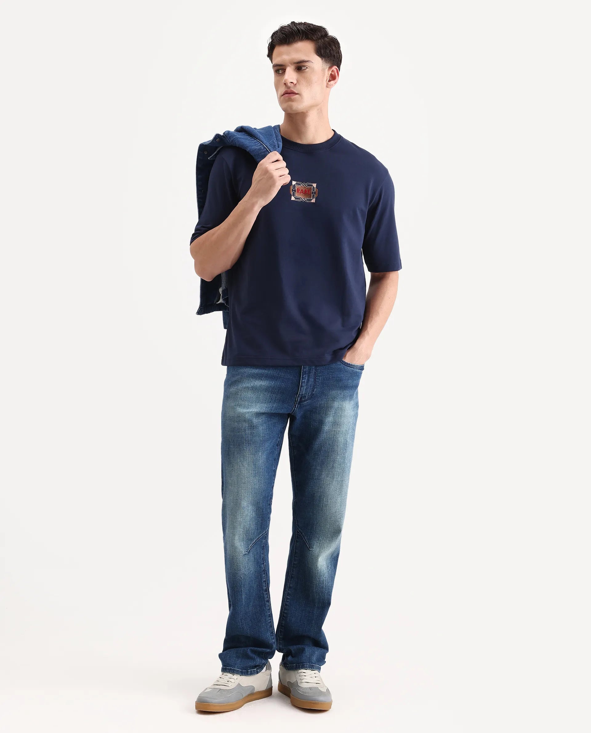 Rare Rabbit Men's Vino Dark Blue Cotton Graphic Print Oversized Fit Half Sleeve Crew Neck T-Shirt