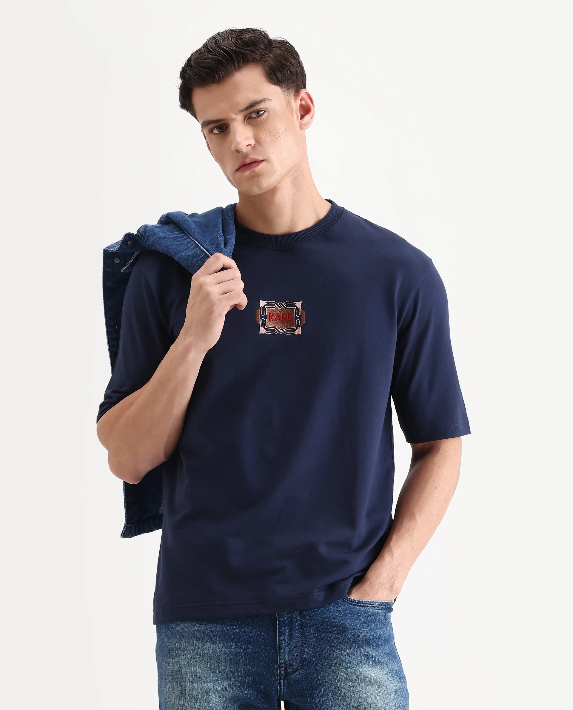 Rare Rabbit Men's Vino Dark Blue Cotton Graphic Print Oversized Fit Half Sleeve Crew Neck T-Shirt