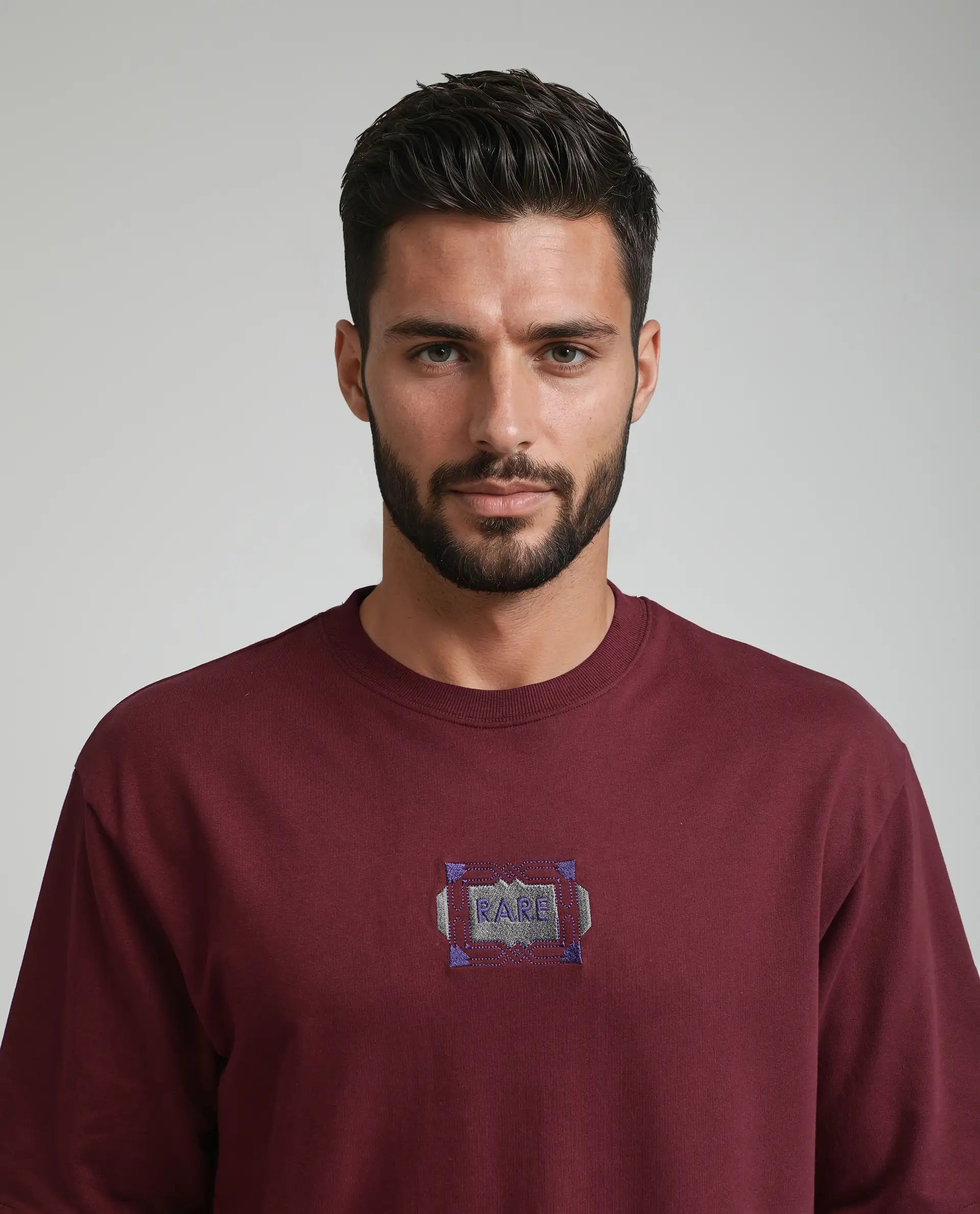 Rare Rabbit Men's Vino Dark Red Cotton Graphic Print Oversized Fit Half Sleeve Crew Neck T-Shirt