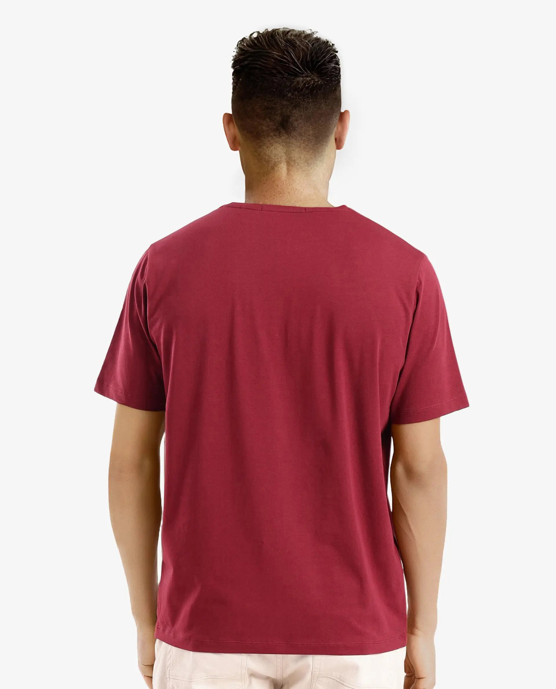 Rare Rabbit Men Vin Red Cotton Lycra Fabric Short Sleeve Crew Neck Regular Fit HD Print T-Shirt