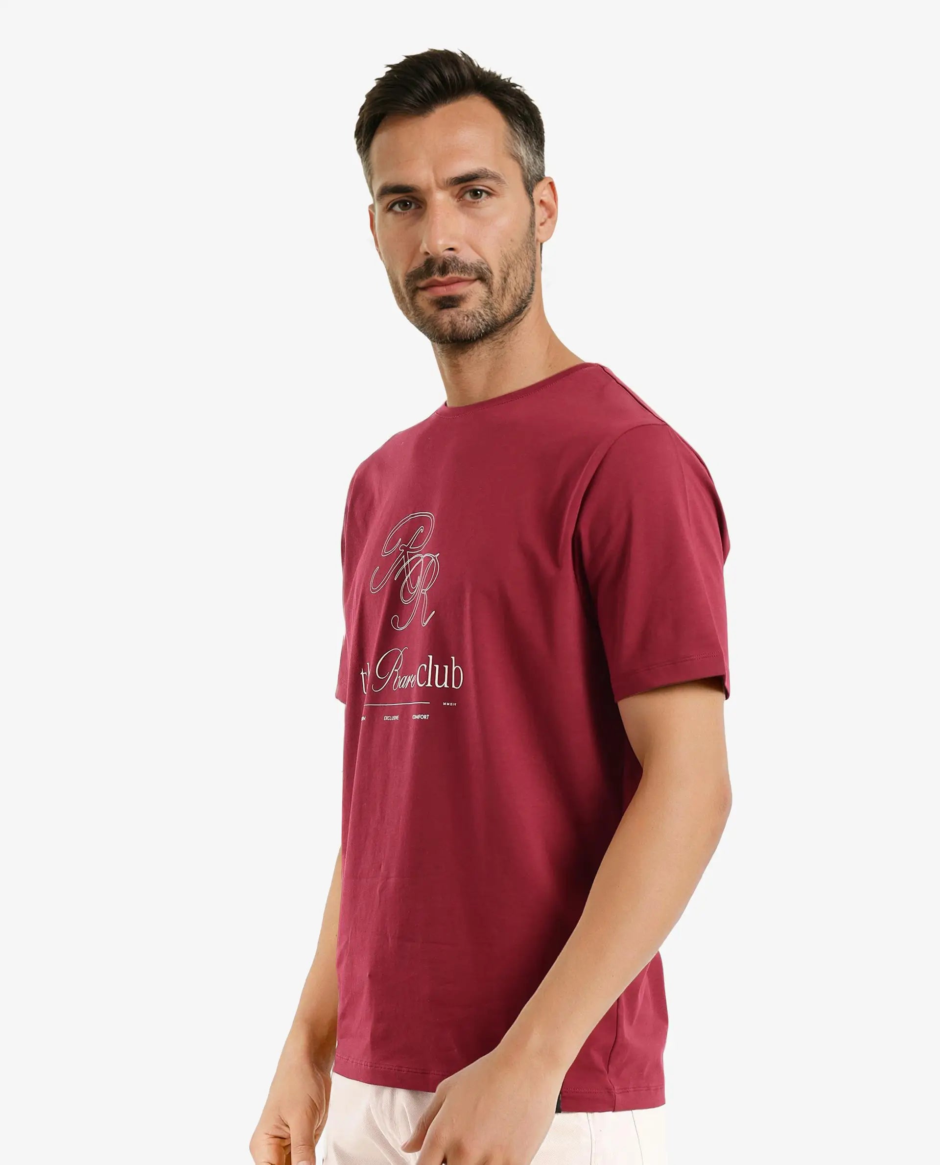 Rare Rabbit Men Vin Red Cotton Lycra Fabric Short Sleeve Crew Neck Regular Fit HD Print T-Shirt
