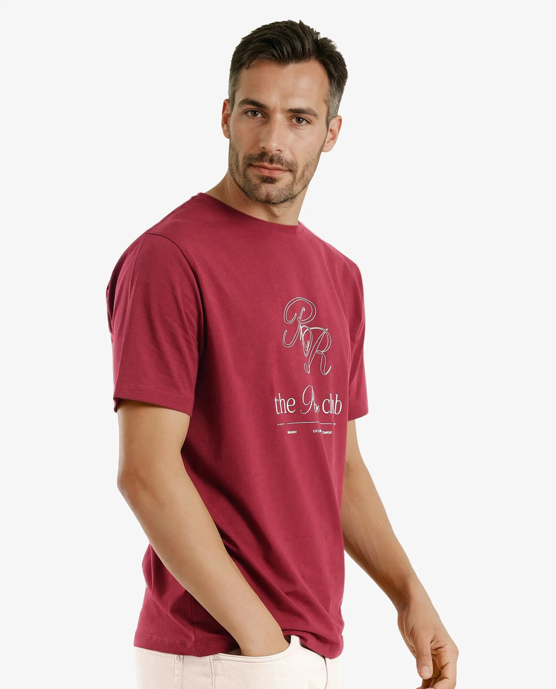 Rare Rabbit Men Vin Red Cotton Lycra Fabric Short Sleeve Crew Neck Regular Fit HD Print T-Shirt