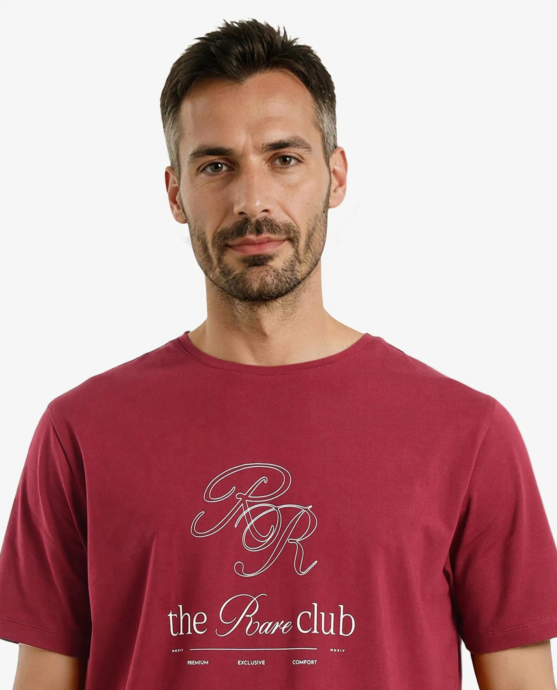 Rare Rabbit Men Vin Red Cotton Lycra Fabric Short Sleeve Crew Neck Regular Fit HD Print T-Shirt