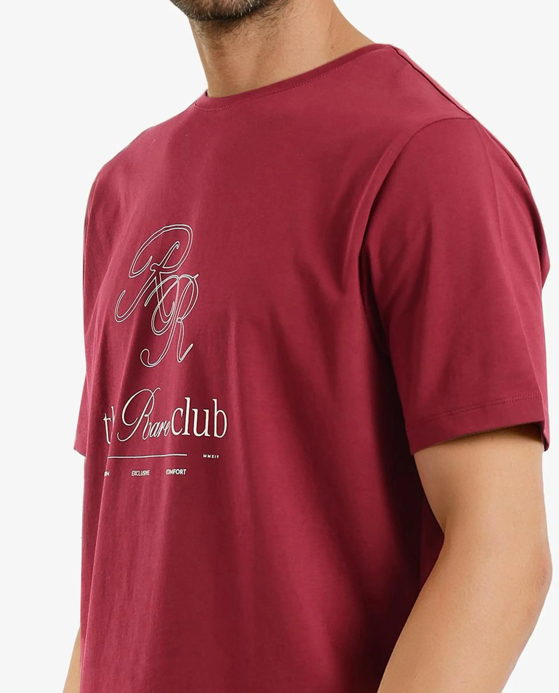 Rare Rabbit Men Vin Red Cotton Lycra Fabric Short Sleeve Crew Neck Regular Fit HD Print T-Shirt