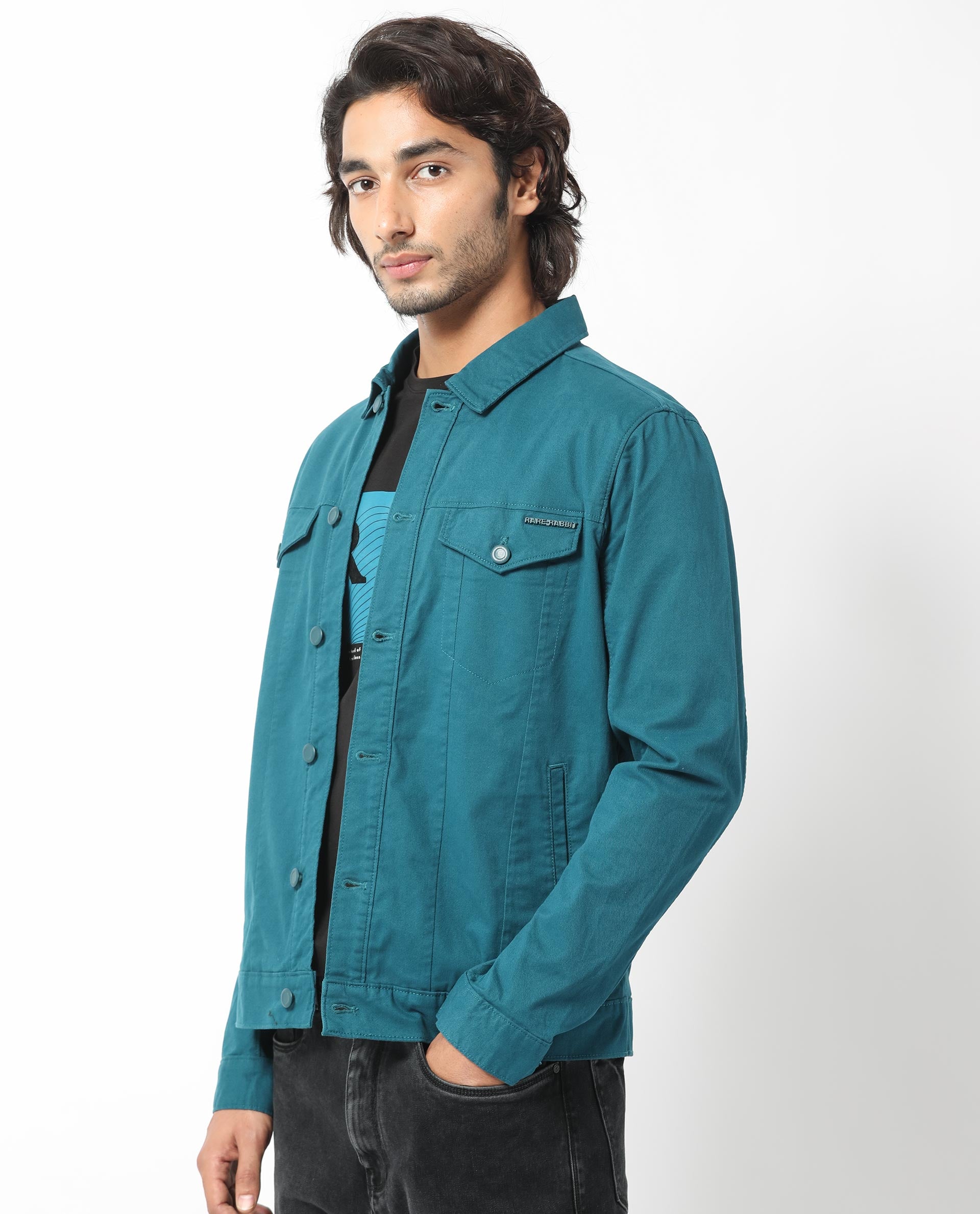 Rare Rabbit Men's Vintage Dark Teal Plain Denim Trucker Jacket