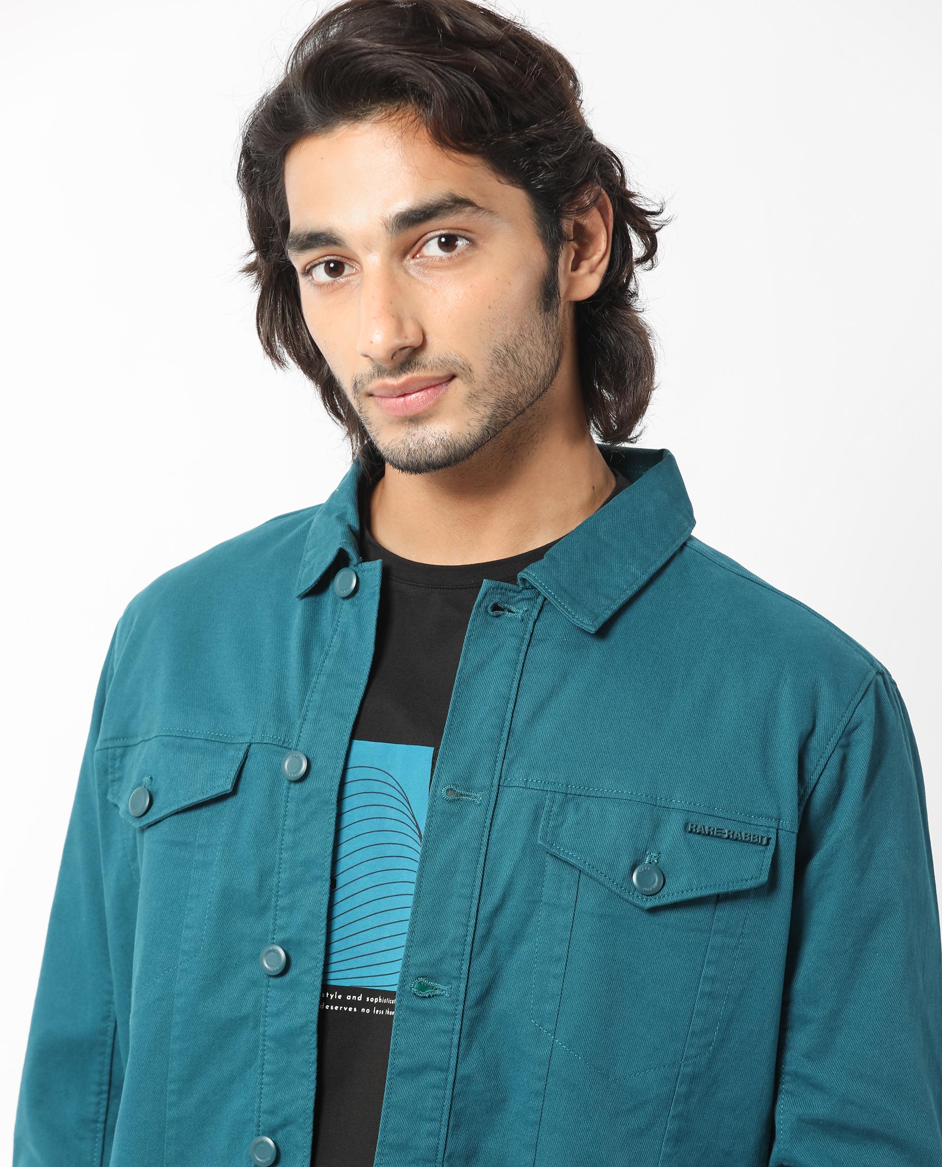 Rare Rabbit Men's Vintage Dark Teal Plain Denim Trucker Jacket