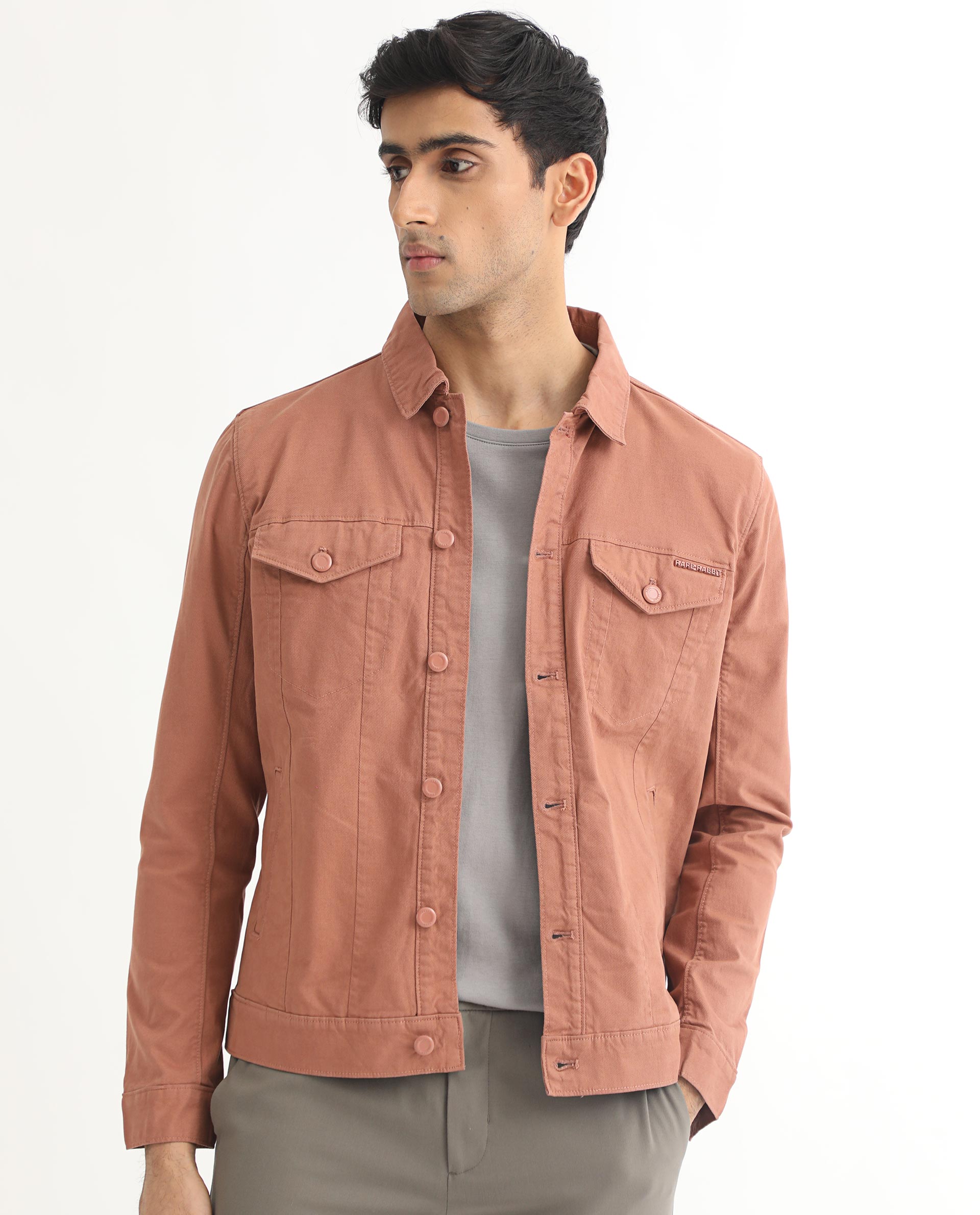 Rare Rabbit Men's Vintage Dusky Red Plain Denim Trucker Jacket
