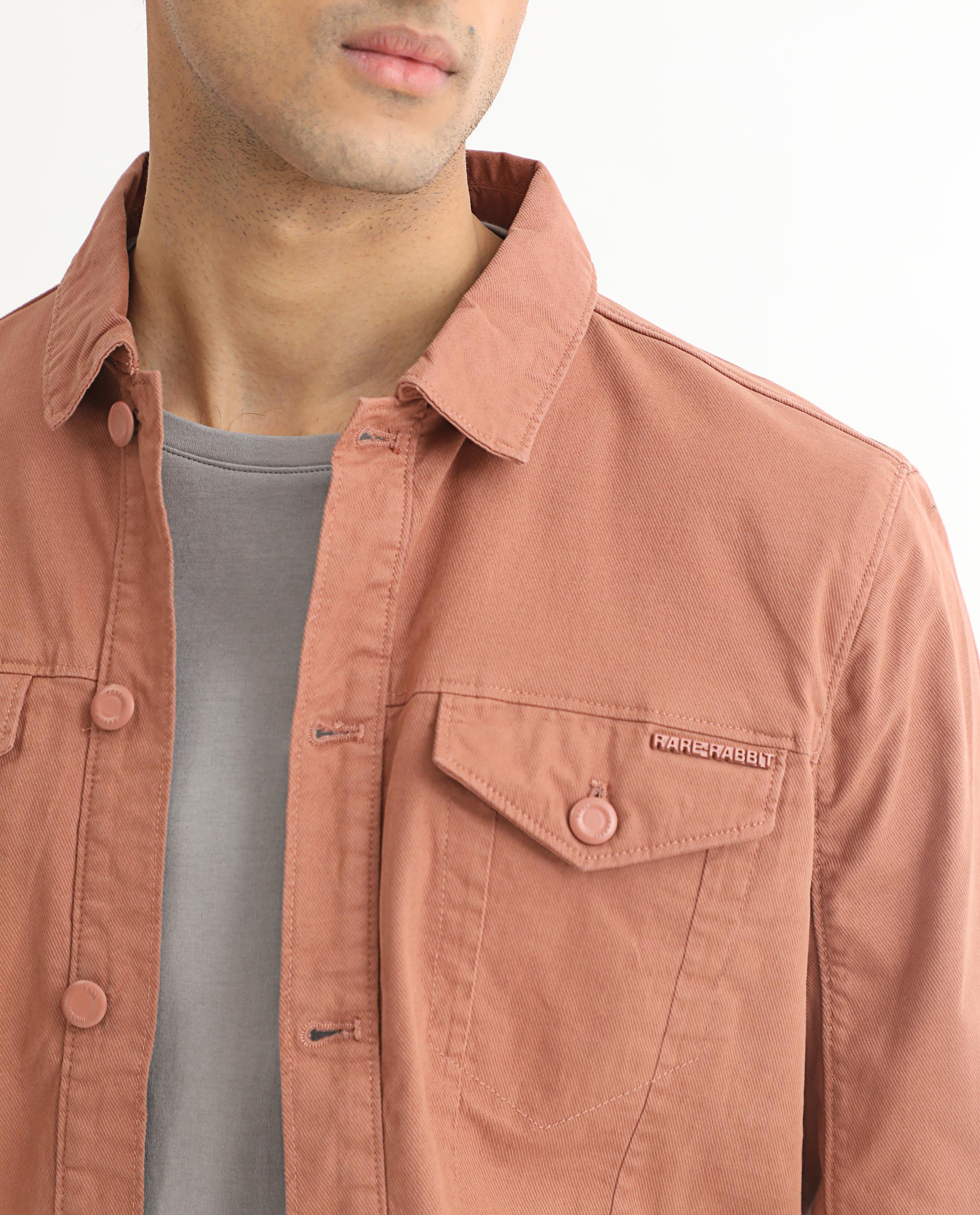 Rare Rabbit Men's Vintage Dusky Red Plain Denim Trucker Jacket