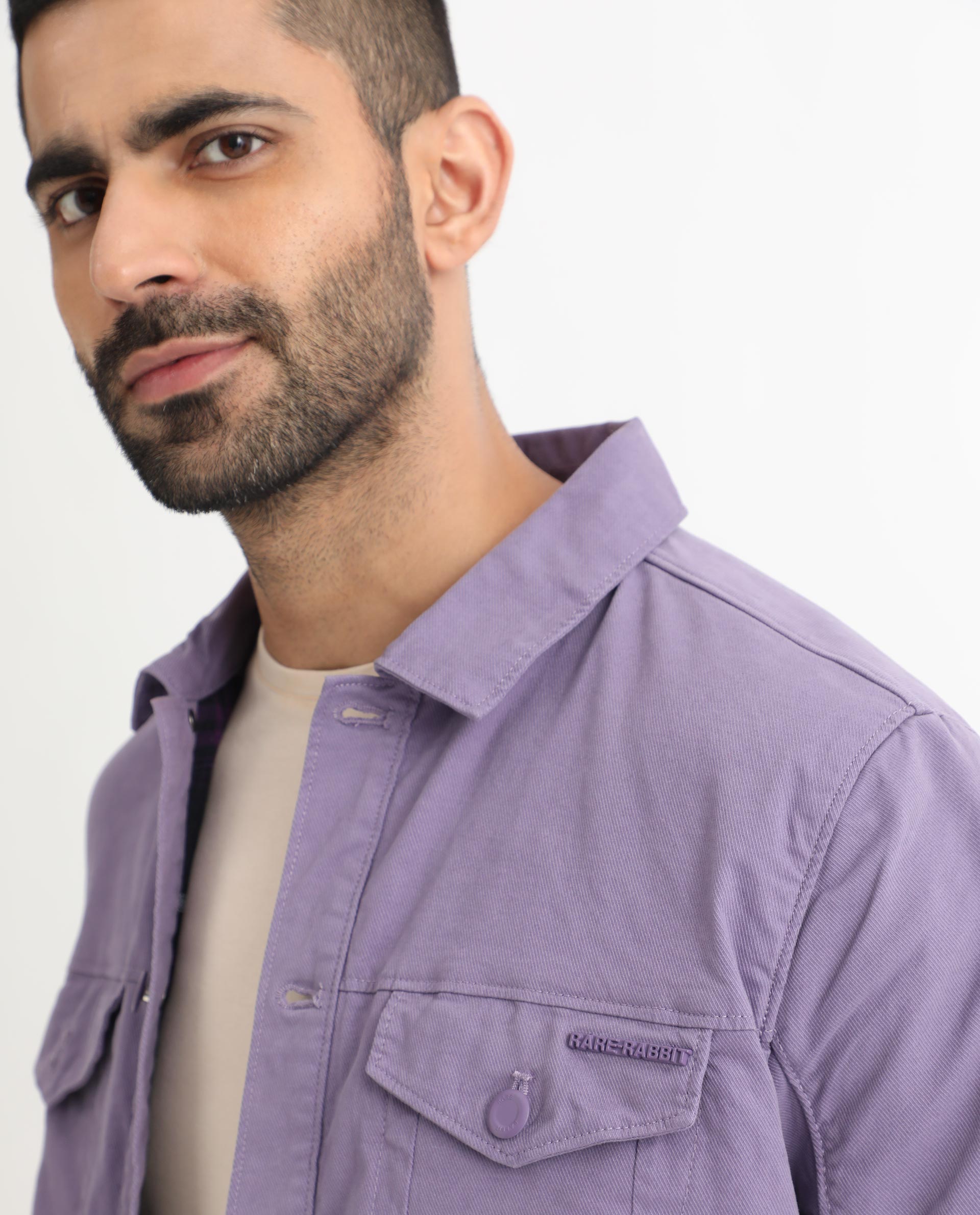 Rare Rabbit Men's Vintage Pastel Purple Plain Denim Trucker Jacket