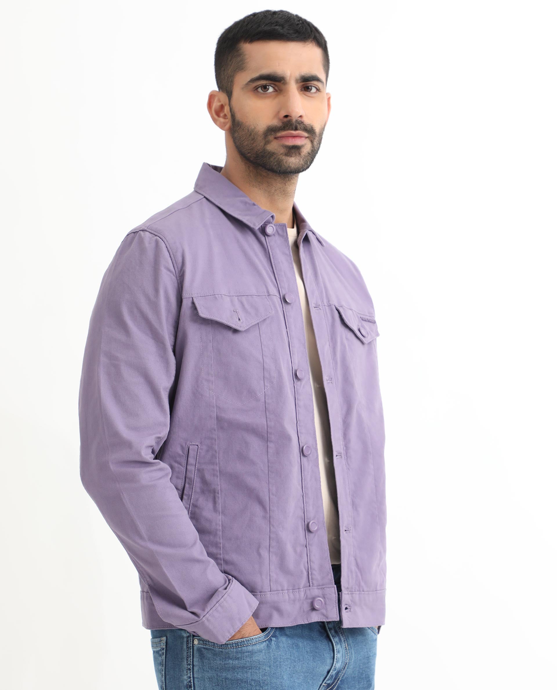 Rare Rabbit Men's Vintage Pastel Purple Plain Denim Trucker Jacket