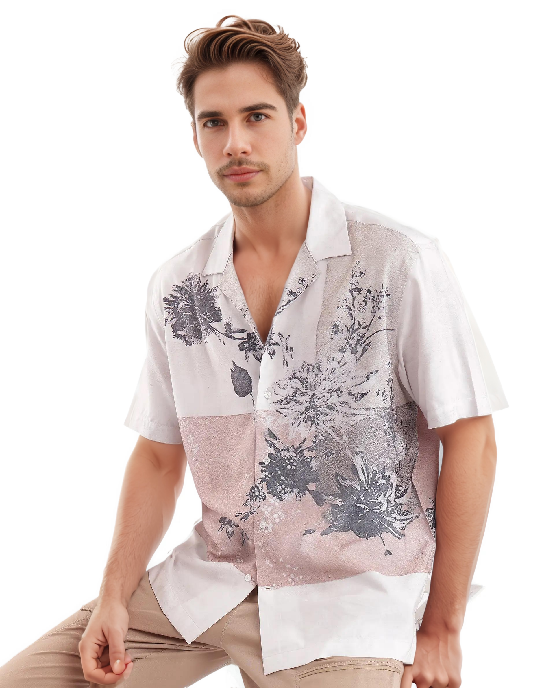 Rare Rabbit Men's Vint Beige Cotton Fabric Half Sleeve Cuban Collared Boxy Fit Botanical Print Shirt