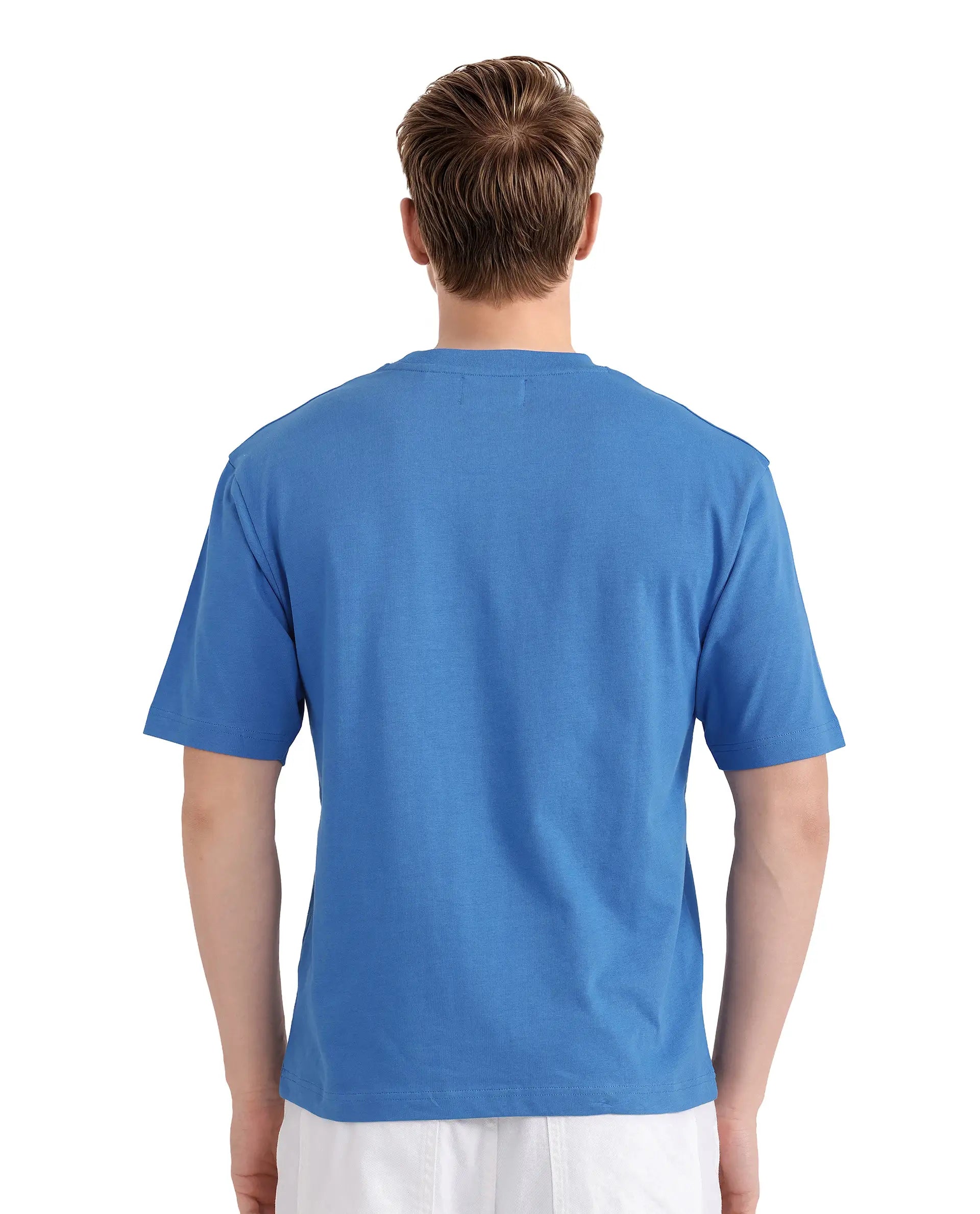 Rare Rabbit Men Vint Dusky Blue Cotton Fabric Short Sleeve Crew Neck Qlo Fit HD Print T-Shirt