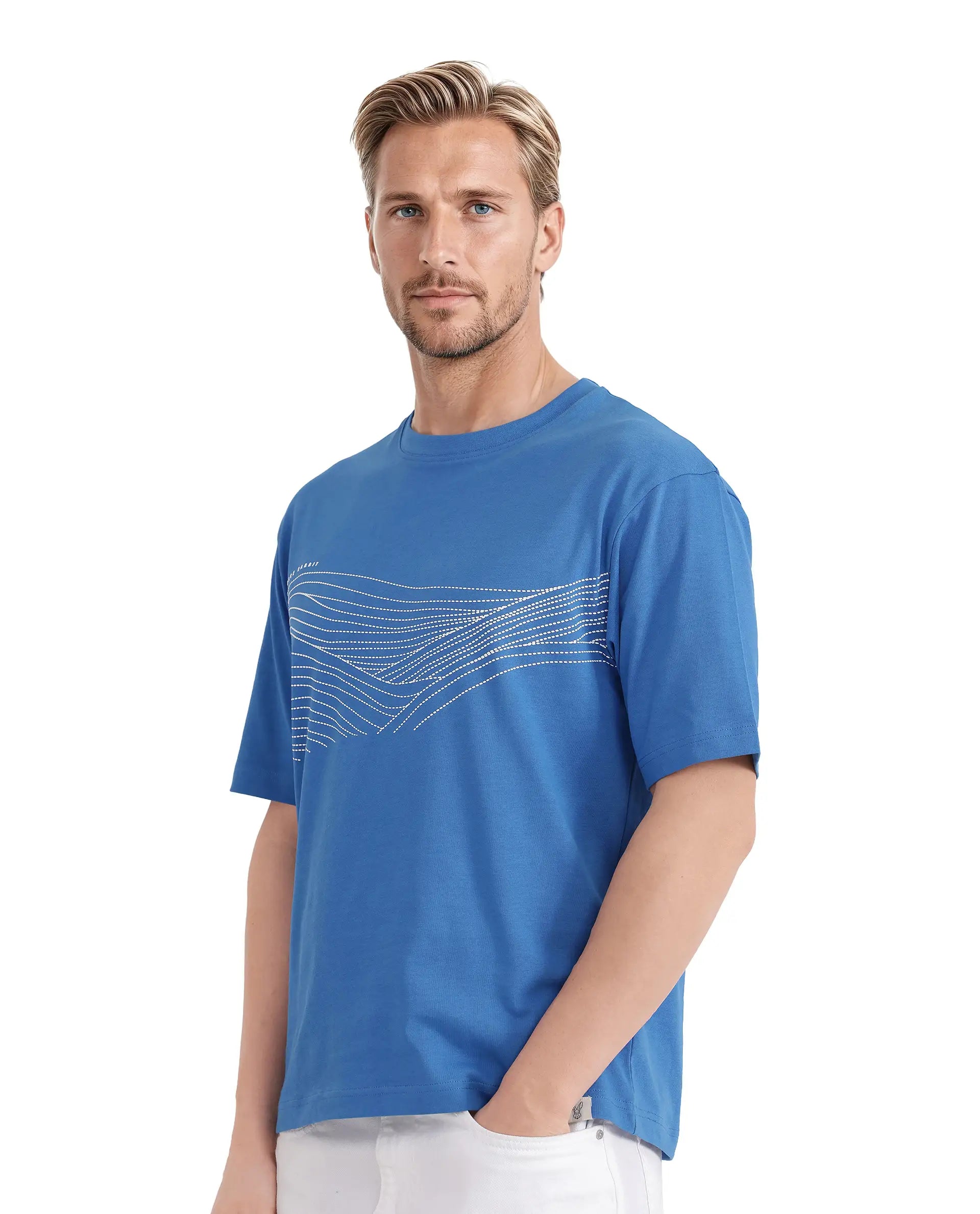 Rare Rabbit Men Vint Dusky Blue Cotton Fabric Short Sleeve Crew Neck Qlo Fit HD Print T-Shirt